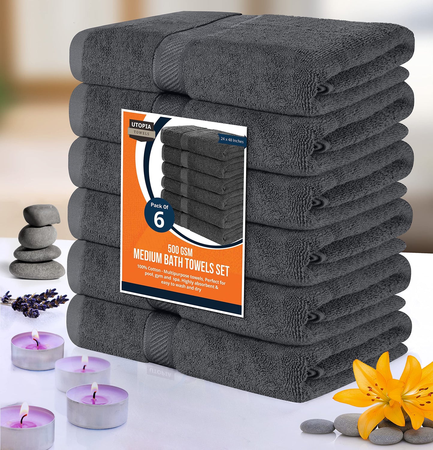 Utopia Towels 6 Medium Bath Towels, 24 by 48 Inches, 100% Cotton Towels for Pool, Spa, Gym, Quick Drying and Absorbent, Grey