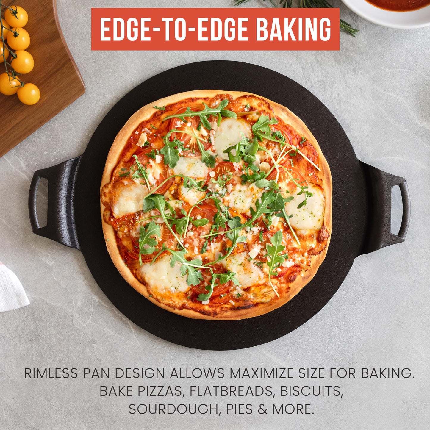 Chef Pomodoro Cast Iron Pizza Pan, Inch Pre-Seasoned Skillet, with Handles, Baking Pan, Round Griddle for Dosa Tawa Roti, Comal for Tortillas, Baking Stove, Oven, Grill BBQ and Campfire (15-inch)