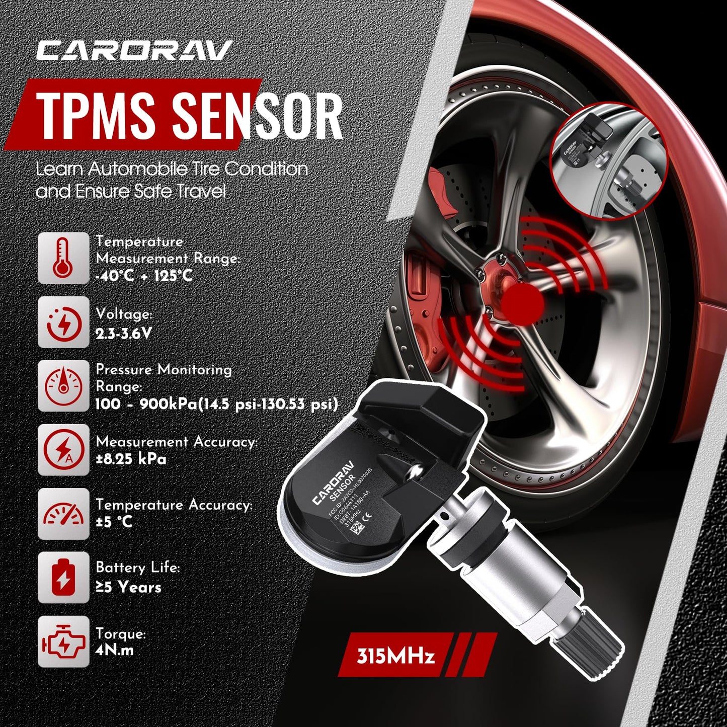 TPMS Sensor Ford, 315MHZ Tire Pressure Monitoring System Sensor Compatible for Ford F150 F250 F350 Mustang Focus Fusion, Lincoln MKS MKZ Replaces DE8T-1A180-AA 9L3Z-1A180-AF 4-Pack