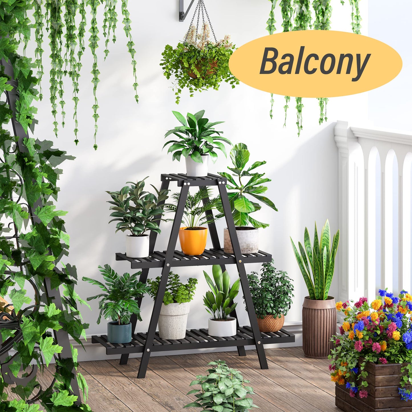 Plant Stand Indoor, Outdoor bamboo Plant Stands for Multiple Plants, 3 Tier 8 Potted Flower Holder Ladder Plant Rack,Plant Shelf Ladder Table Plant Pot Stand for Living Room, Patio, Balcony (3-Tier-Black)