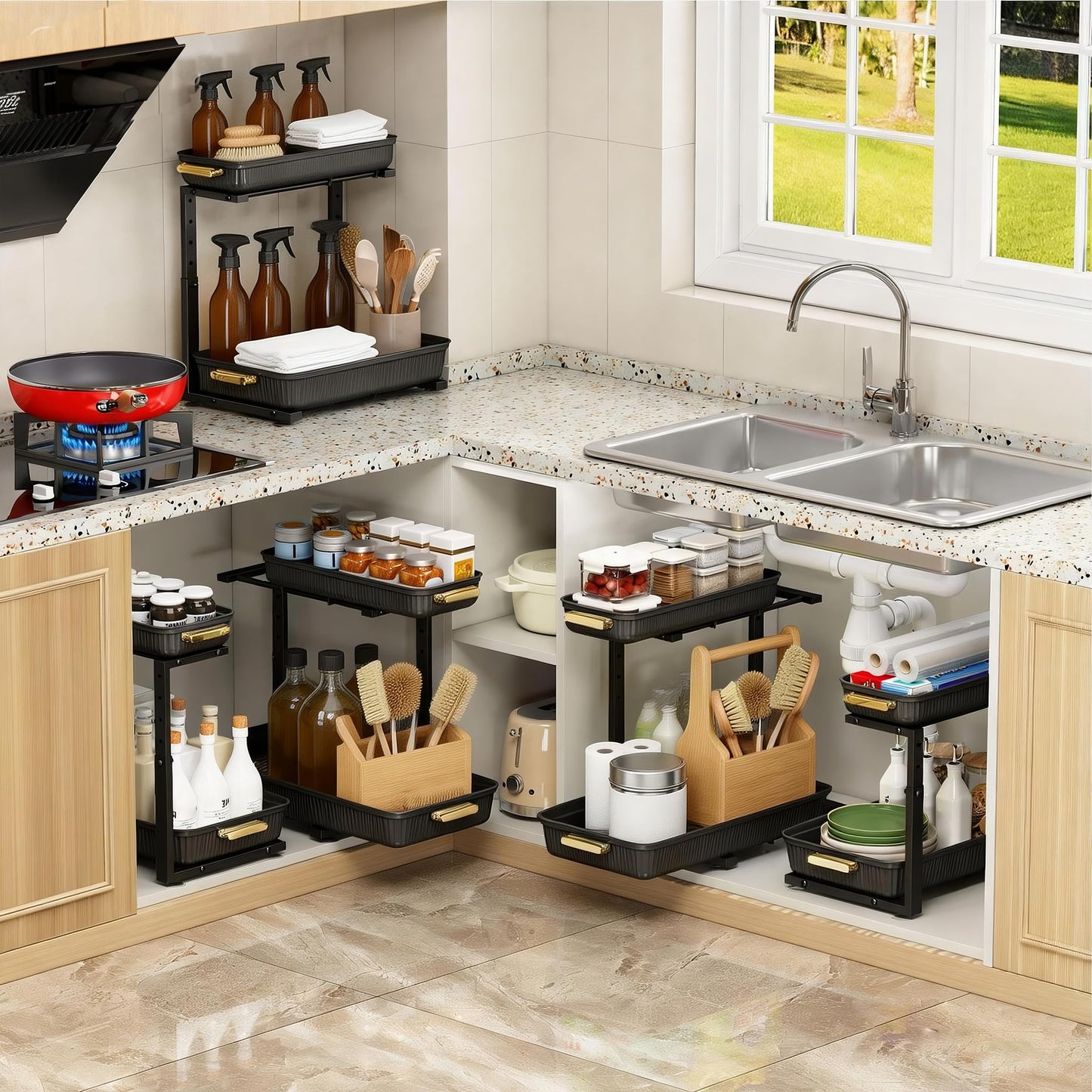 SNSLXH Under Sink Organizer 2 Pack, 2 Tier Pull Out Bathroom Storage Organizers, Kitchen Cabinet Organizers and Storage, Multi-Purpose Home & Kitchen Essentials, Black