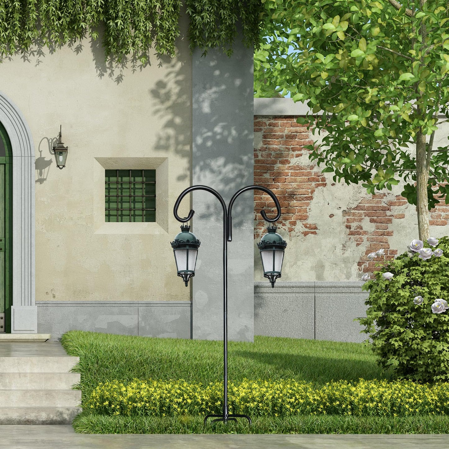 Heavy Double Shepherds Hook for Outdoor:60 Inches Garden Bird Feeder Pole with 5 Prongs, Adjustable Metal Bird Feeder Stand for Plant Solar Lights, poteau Pour Mangeoire Oiseaux (1, 60Inches)