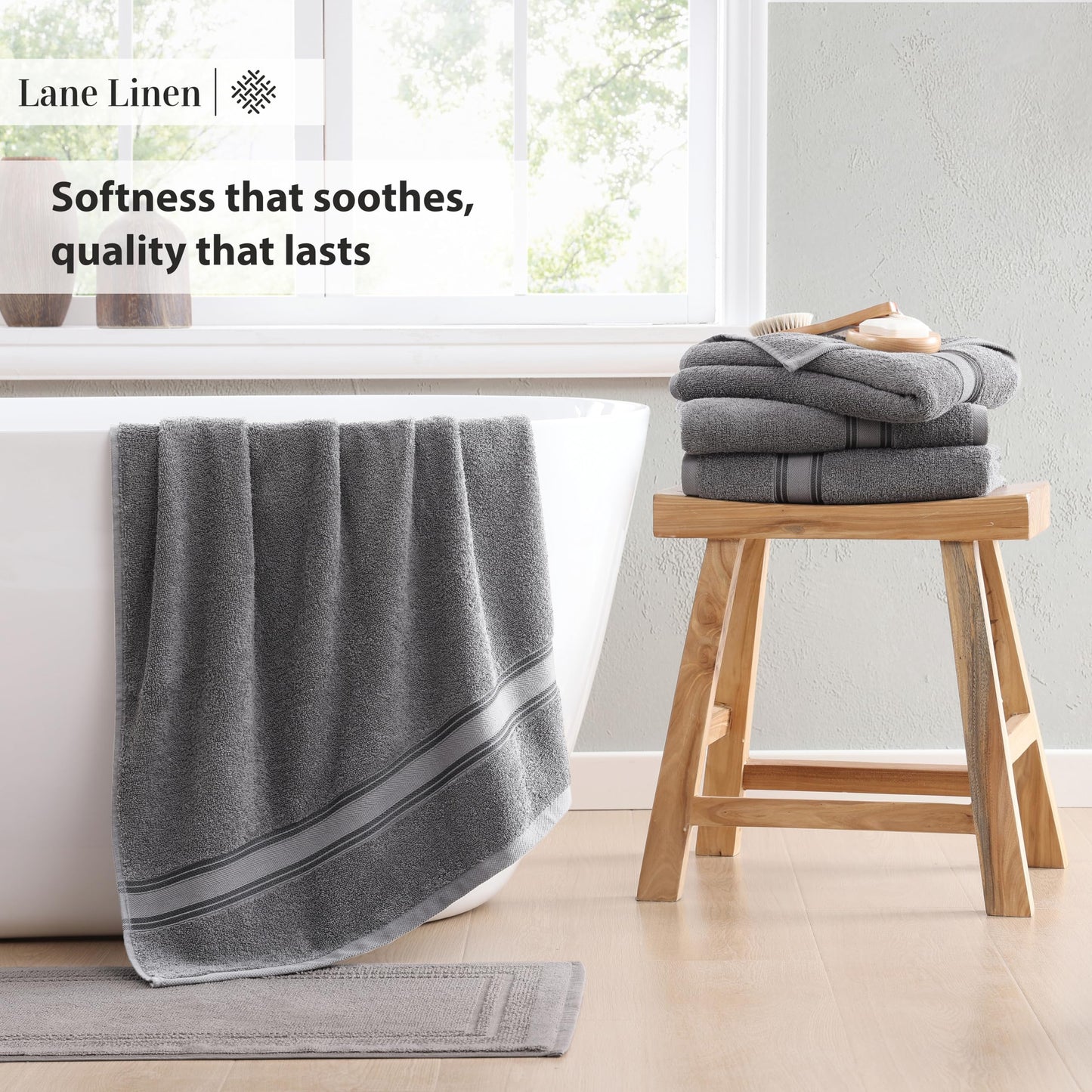Lane Linen Bath Towels 4 Pack (30" x 60") - Zero Twist 100% Cotton Bathroom Towels, 450 GSM Soft & Aborbent Large Bath Towels, Quick Dry Shower Towels, Oversized Bath Towel Set - Cool Grey