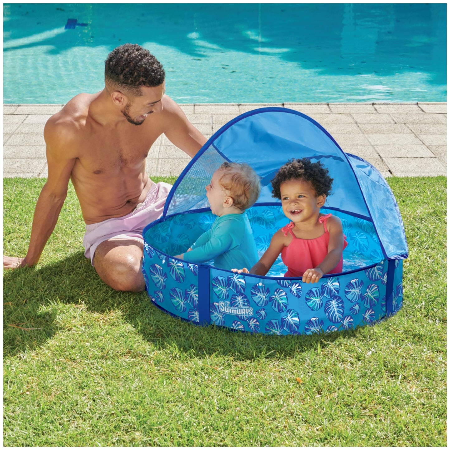 Swimways Elite Pop-Up Above Ground Pool, Baby Pool with Canopy & Carrying Case, Foldable Kiddie Pool for Ages 9-24 Months, Measures 32", Blue