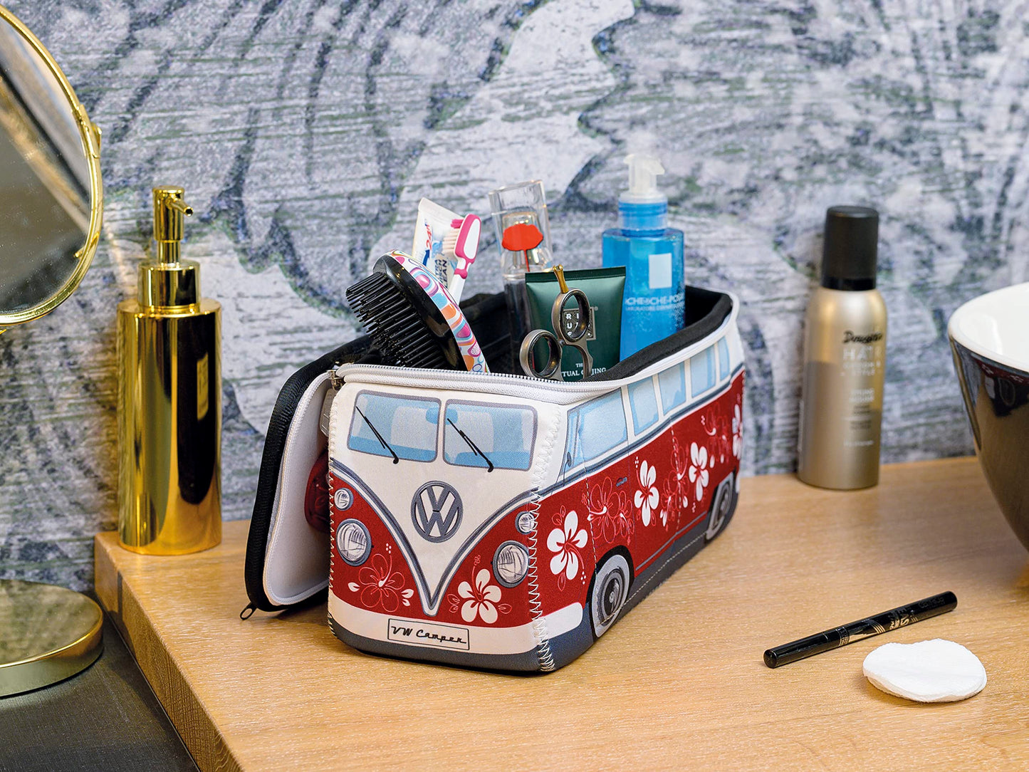 BRISA VW Collection - Volkswagen Neoprene Universal Makeup Cosmetics Toiletry Travel Pharmacy Bag in T1 Bus Design (Hibiscus/Red) (Large (30 x 14 x 12 cm))