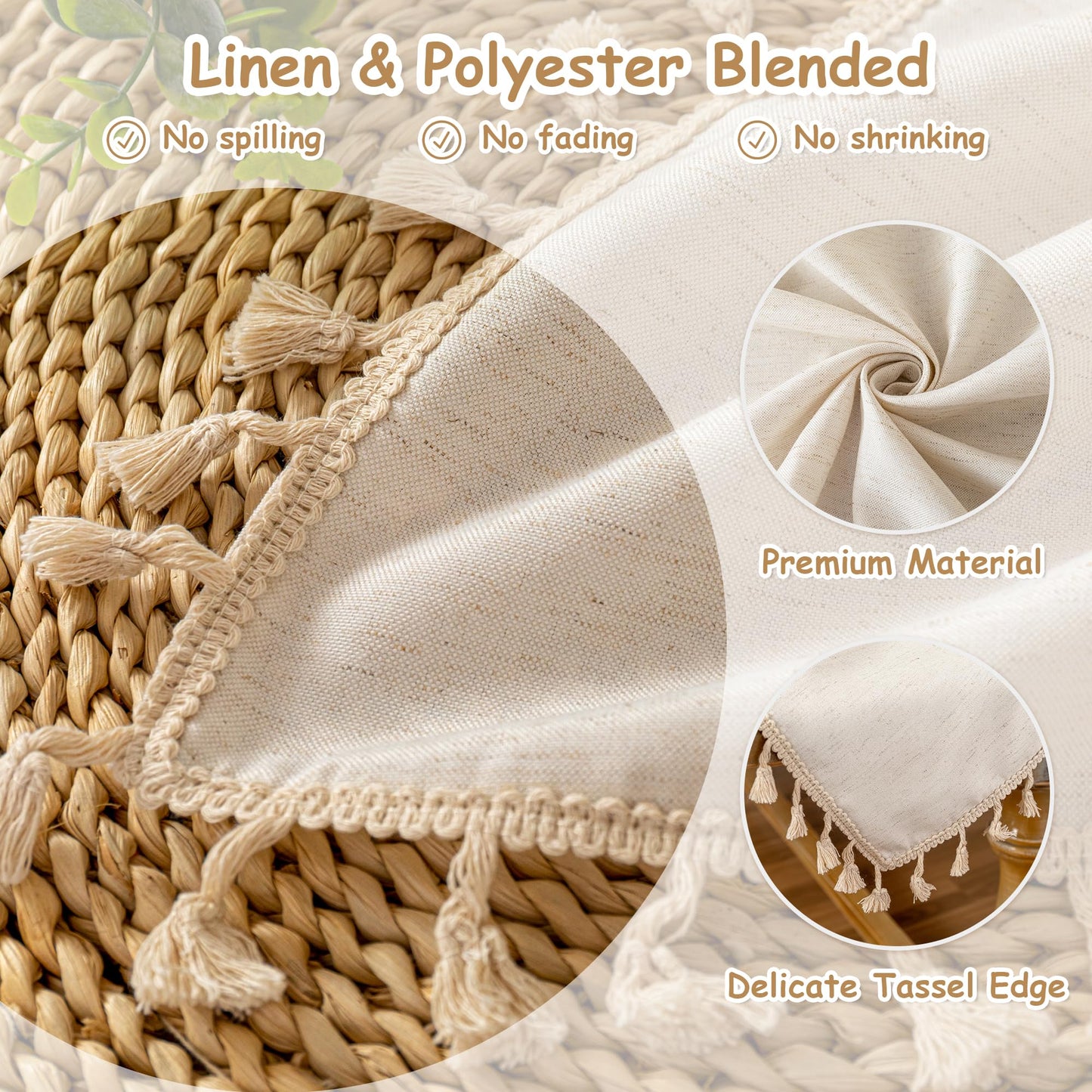 MYSKY HOME Faux Linen Table Cloth Nappe Table Rectangulaire 60x84 Inch, Boho Tablecloth Dustproof Table Cover for Kitchen Party Holiday Christmas Wedding Banquet, Beige with Beige Tassels