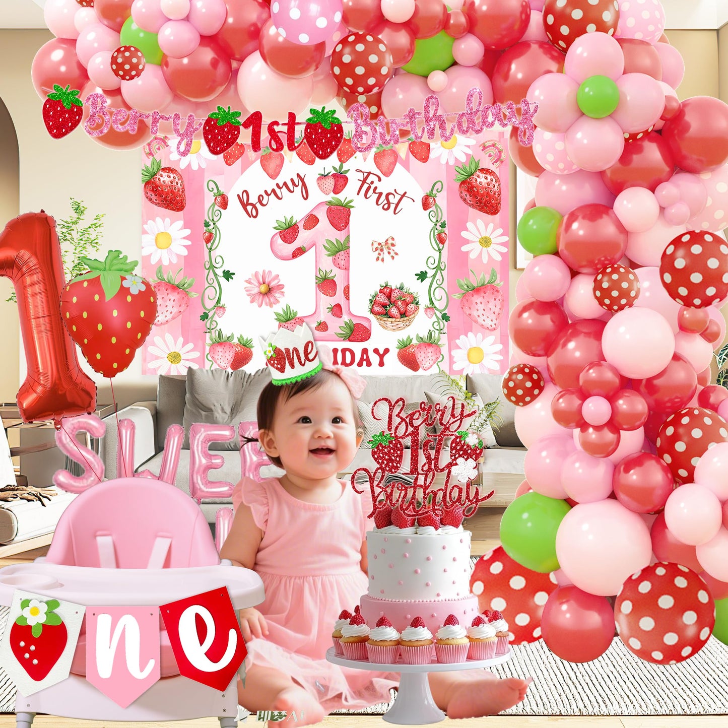 Berry First Birthday Decorations Strawberry 1st Decorations for Girls Sweet One Strawberry Decor Party Supplies include Photo Banner Highchair Banner Backdrop Tableware Set
