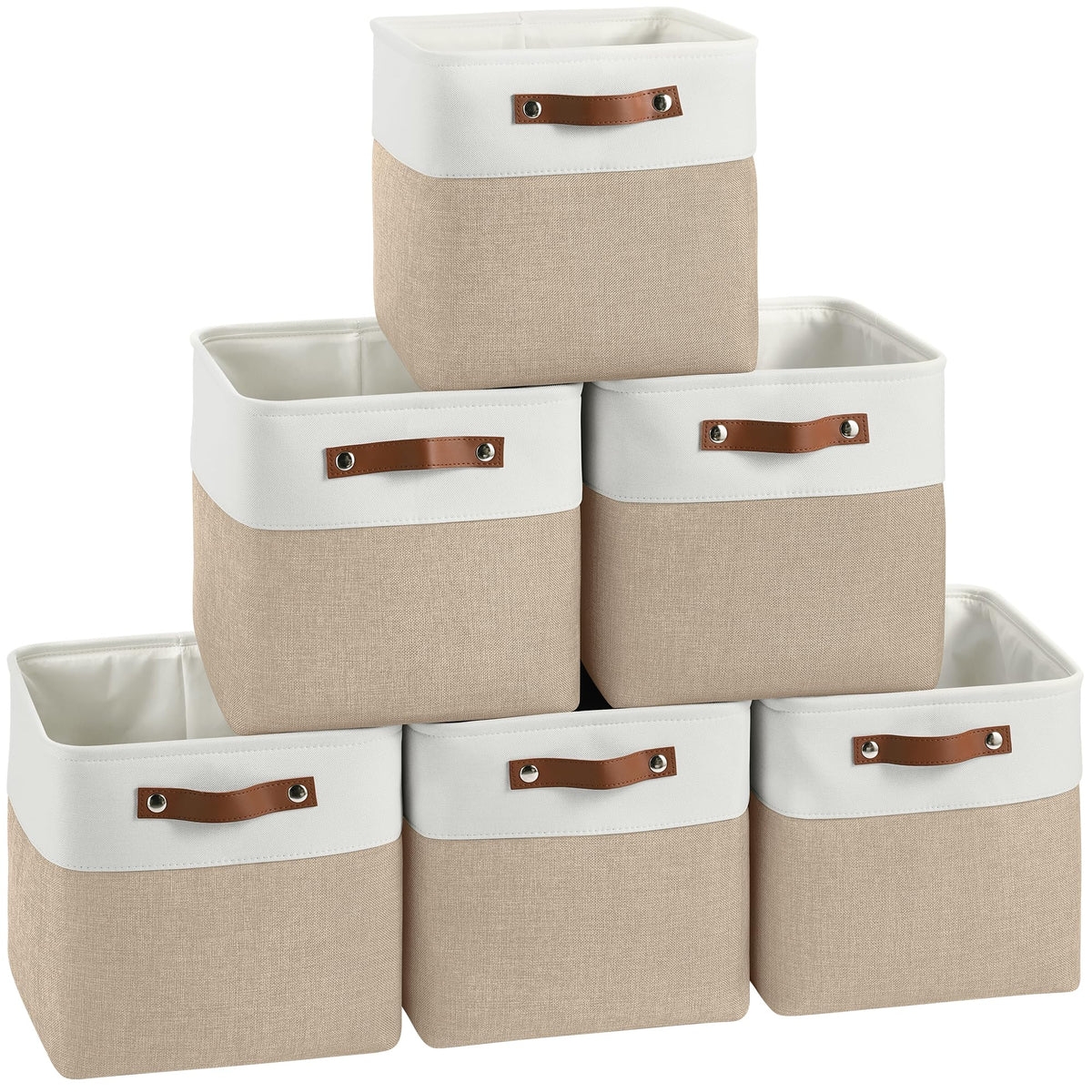FinishingBo Cube Storage Baskets 6 Pack, 11x11 inch Foldable Cube Storage Bins with Leather Handles for Shelf Closet (White/ Khaki-6 Pack)