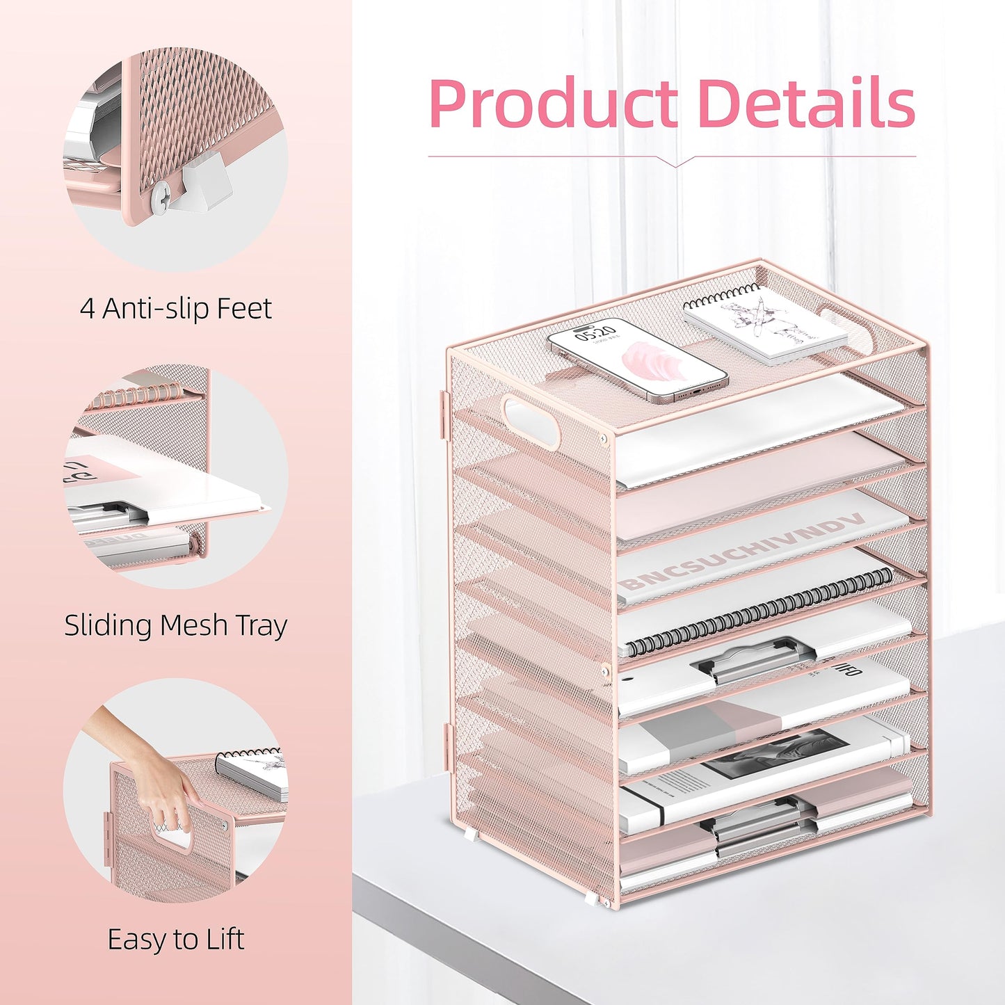 DALTACK 9-Tier Paper Letter Tray Desk Organizer with Handles, Mesh File Holder Organization, Paper Sorter Desk Organizer for Office Home School,Pink