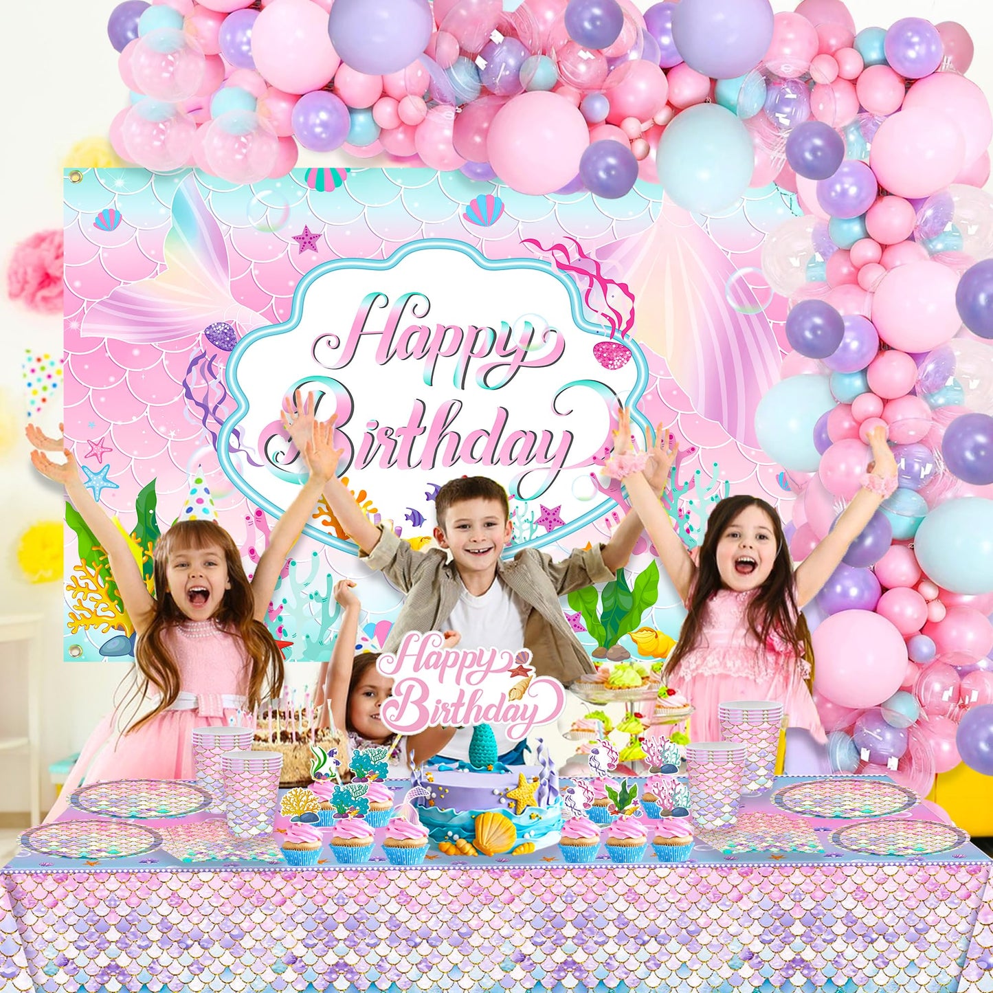 Mermaid Party Supplies, Pink Mermaid Birthday Party Decorations Including Plate, Napkin, Cup, Tablecover, Happy Birthday Backdrop, Pink Balloon Arch Kit for Girls Baby Shower, Serves 20