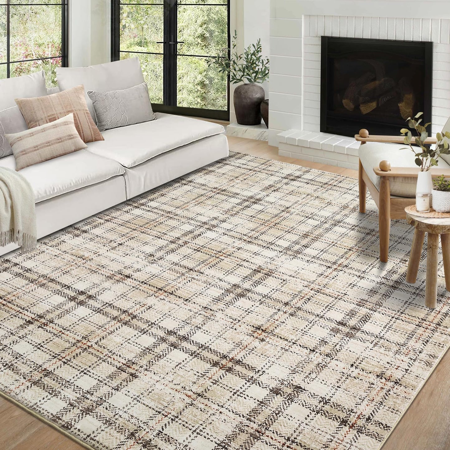 GarveeHome Washable Area Rugs 5x7 Rug for Living Room Modern Plaid Rugs for Bedroom Non Slip Farmhouse Ultra Soft Rugs Non Shedding Stain Resistant Carpet for Nursery Office Beige 5 ft x7 ft