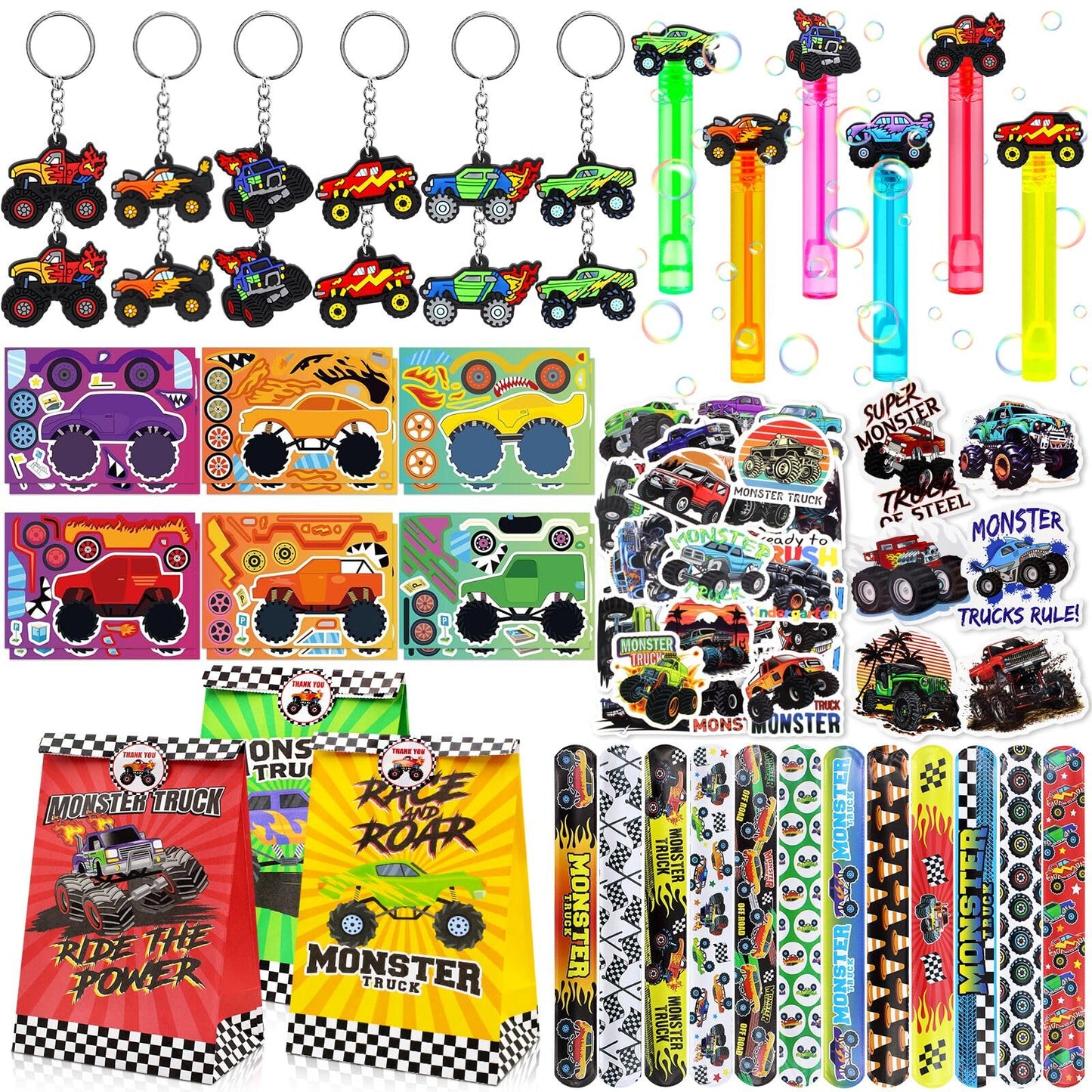 Monster Truck Party Favors Set - 110 PCS Truck Themed Party Gift Goodie Bags with Car Bubble Wand DIY Stickers Keychains Slap Bracelets for Birthday Supplies