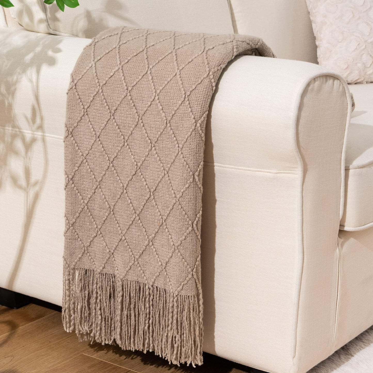BATTILO HOME Beige Throw Blanket for Sofa Couch Office Living Room Home Decor Lightweight Textured Soft Cozy Knit Throw with Tassels Suitable All Seasons 50"x60"