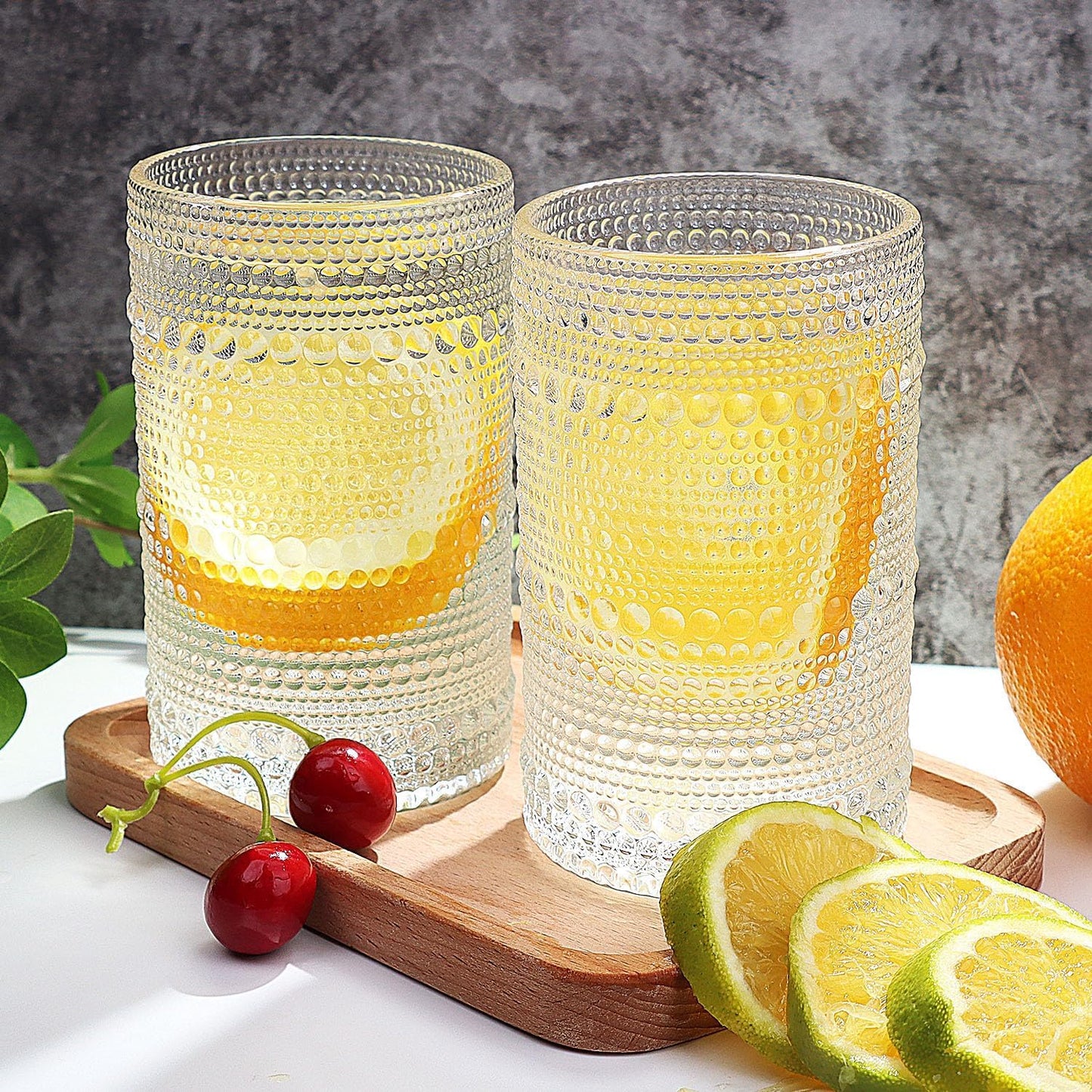 HomeVogue Large Glasses Set of 6,15 oz Hobnail Glassware with Straws, Vintage Glassware Drinking Glasses, Embossed Clear Water Tumbler, for Beer, Cocktail, Whiskey, Juice and Various Mixed Drinks
