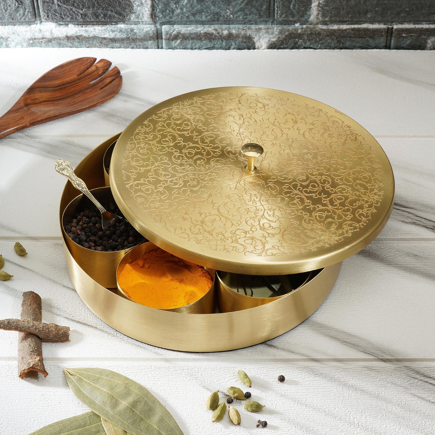 Ajuny Handmade Golden Brass Spice Box with Embossed Lid - Round Masala Dabba, 7 Removable Spice Storage Containers and 1 Spoon, Ideal for Spices and Herbs