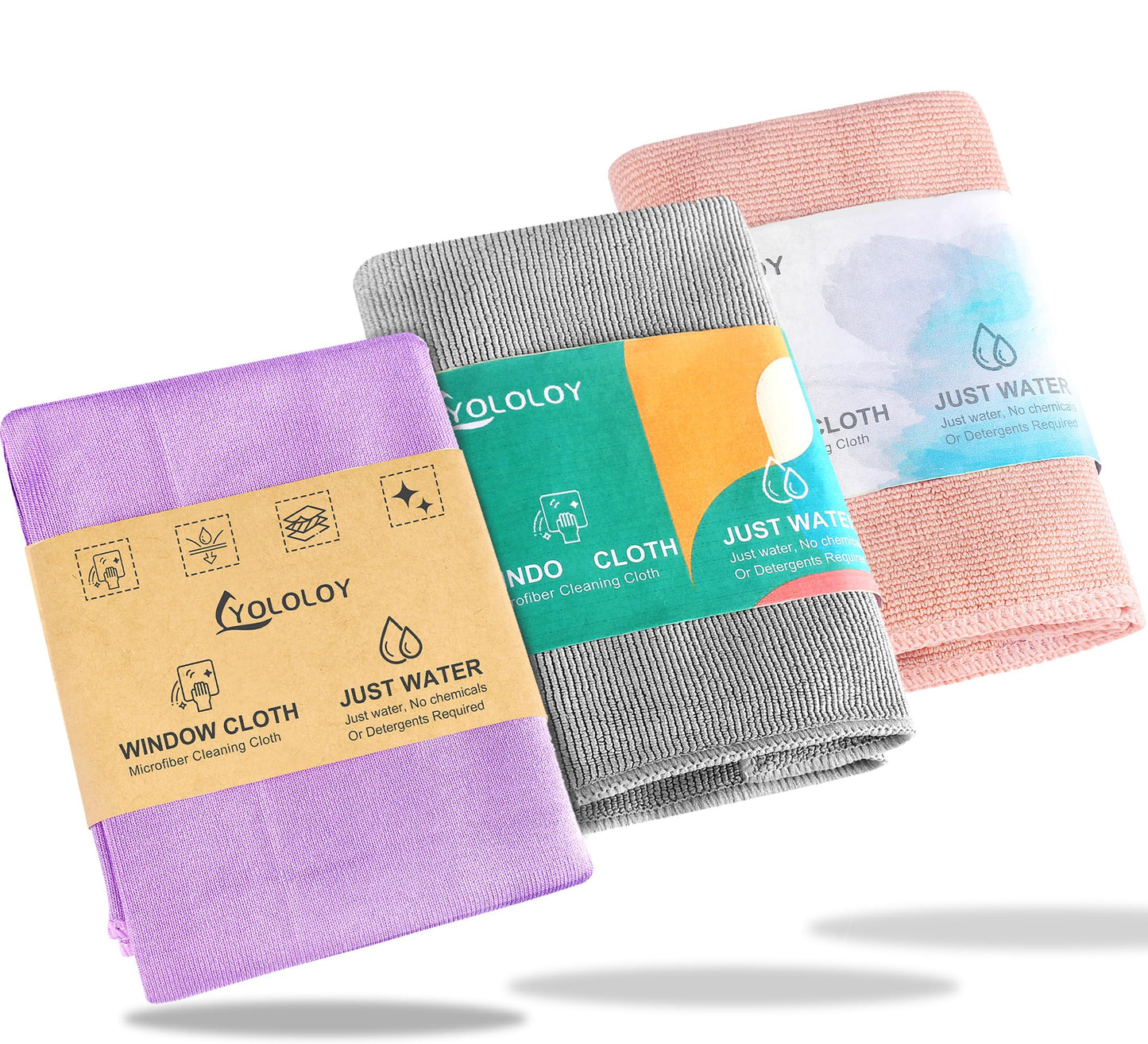 YOLOLOY Window & Enviro Cloth Set, Microfiber Cleaning Cloths, 3 Count, 12x12 inches, Purple, Grey, Pink (Solid), Lint Free