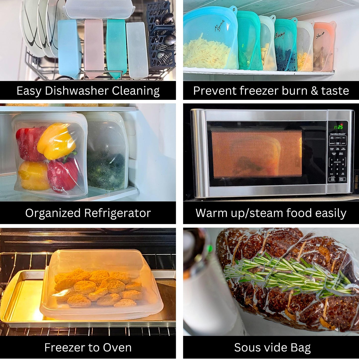 Elkanah 1200ml Reusable Silicone Freezer Bags Food Storage Bags Soup Bags Snack Bags | Platinum Silicone | Leak Proof Airtight Double Zipper | Oven, Microwave and Dishwasher Safe