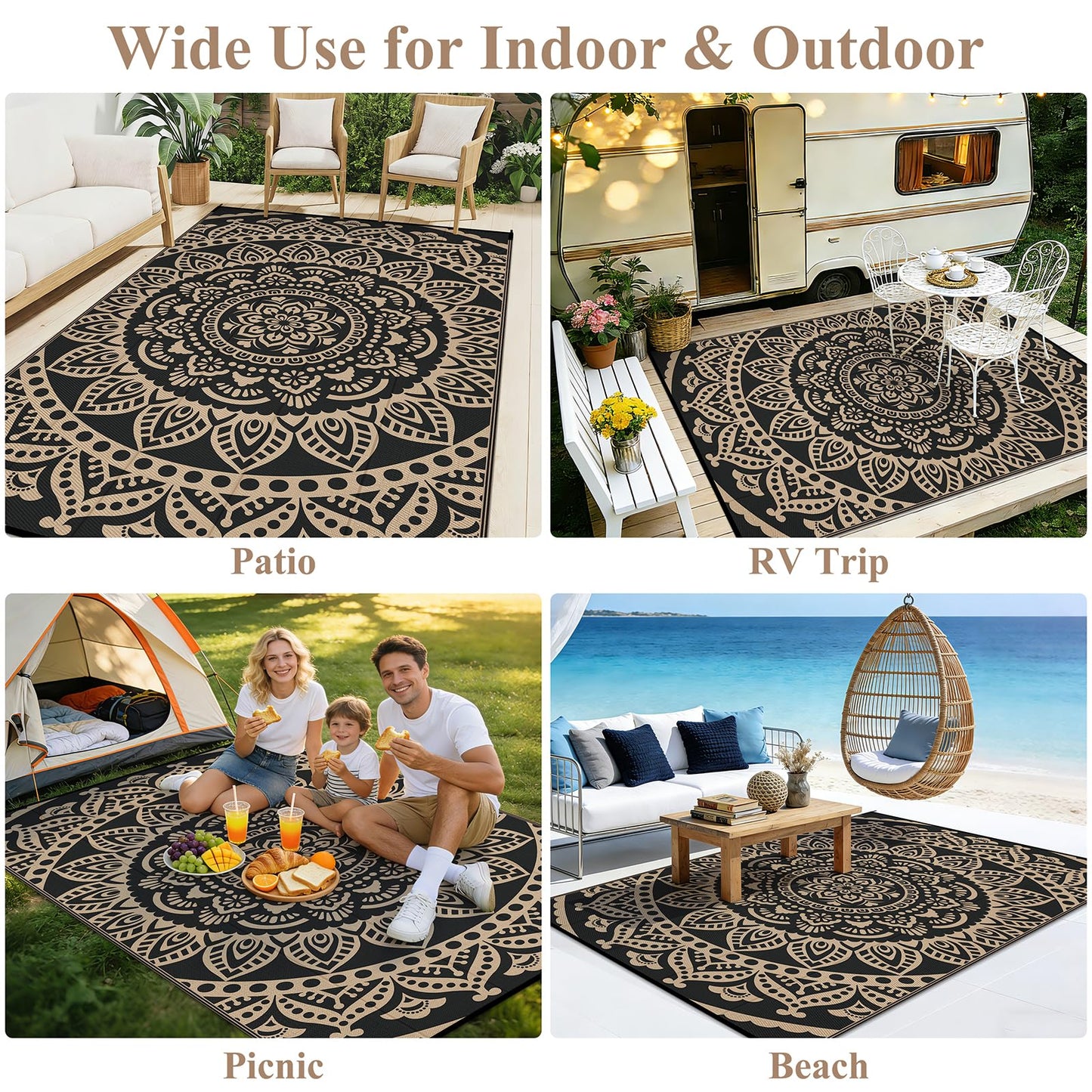 Bsmathom Waterproof Outdoor Rug 5'x8' Reversible Boho Plastic Straw Patio Deck Camping Rugs, Indoor Outdoor Portable RV Mat Clearance Carpet for Outside, Porch, Balcony, Backyard, Beach, Pool