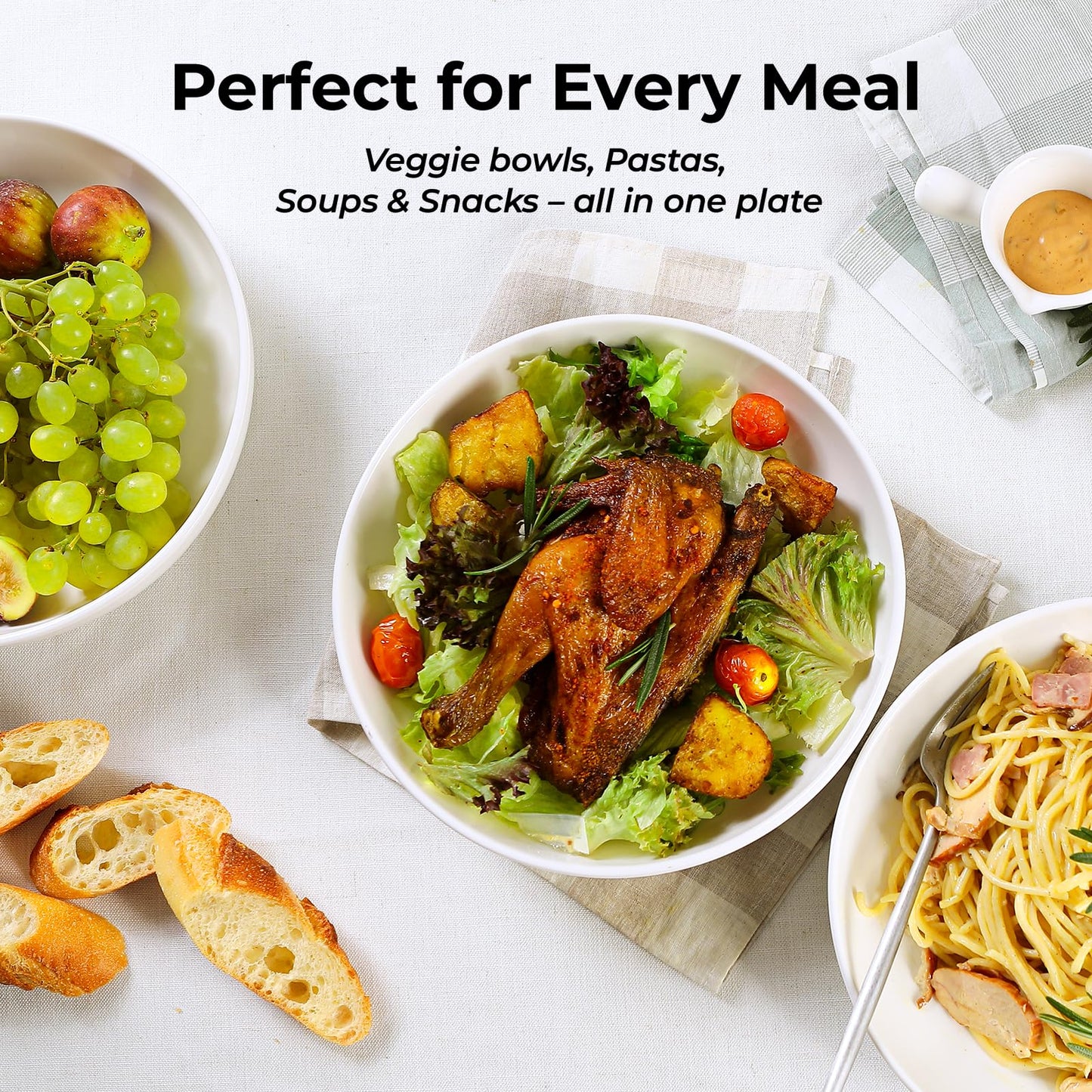 Y YHY 9.75" Pasta Bowls Set of 4, Large Shallow White Ceramic Salad Bowls, 50oz Wide Dinner Bowls for Pasta, Soup, Salad & Stew, Microwave & Dishwasher Safe, Housewarming Gift
