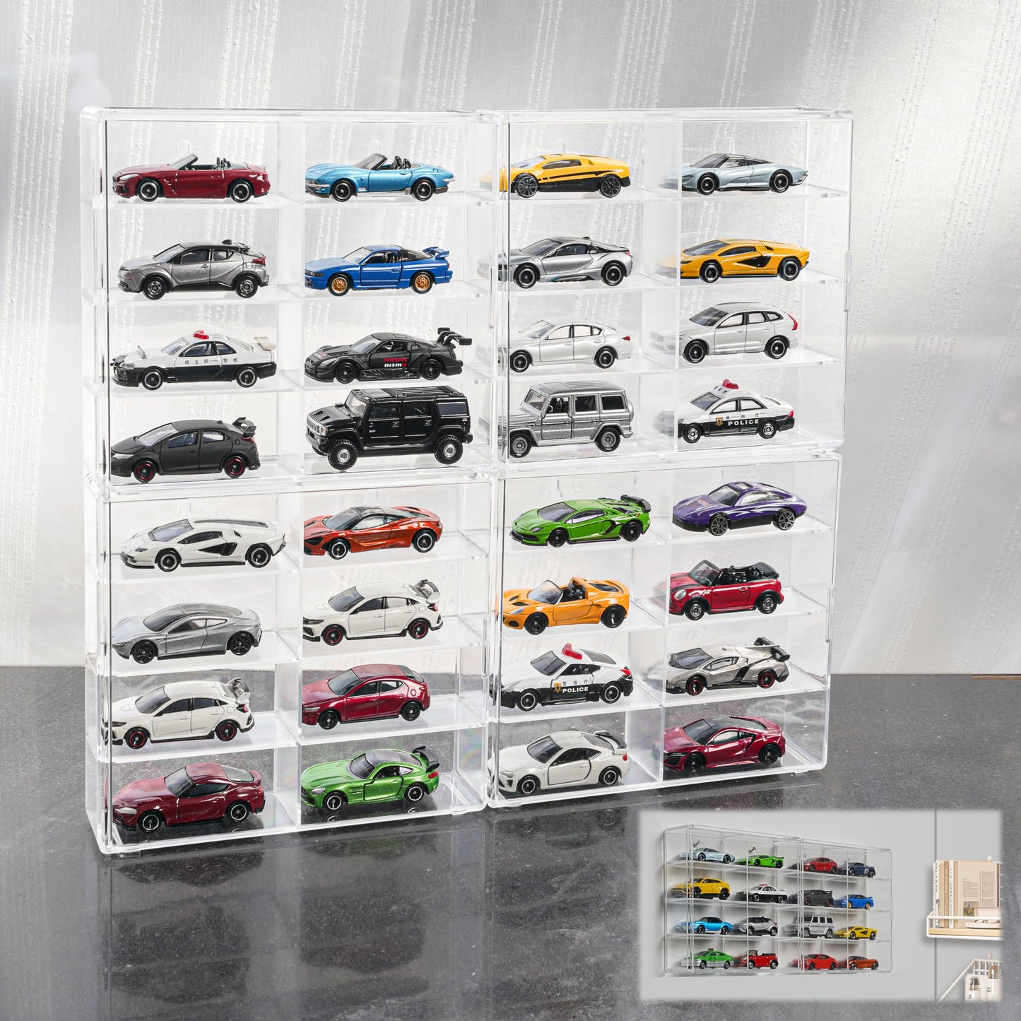 KASTUN Display Case for 32 Hot Wheels,Matchbox Cars,Display Case Wall Mount,Transparent Storage Case for 1/64 Diecast Cars,Wall Hanging,Stackable,Clear,Dustproof