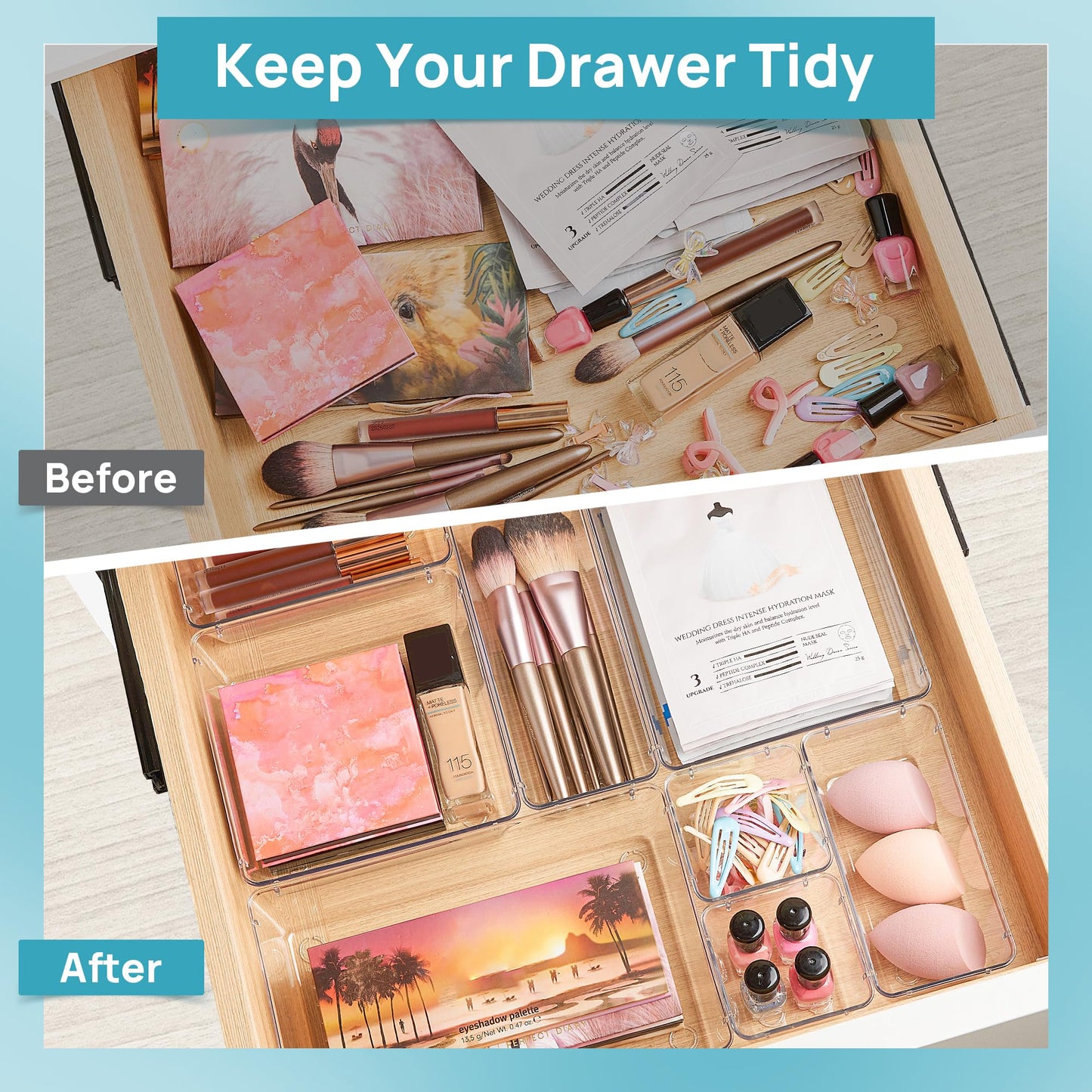 Vtopmart 37 PCS Plastic Clear Drawer Organizer, Acrylic Desk Drawer organizers, Organization and Storage for Makeup, Bathroom, Office, Cabinet, kitchen, Bedroom