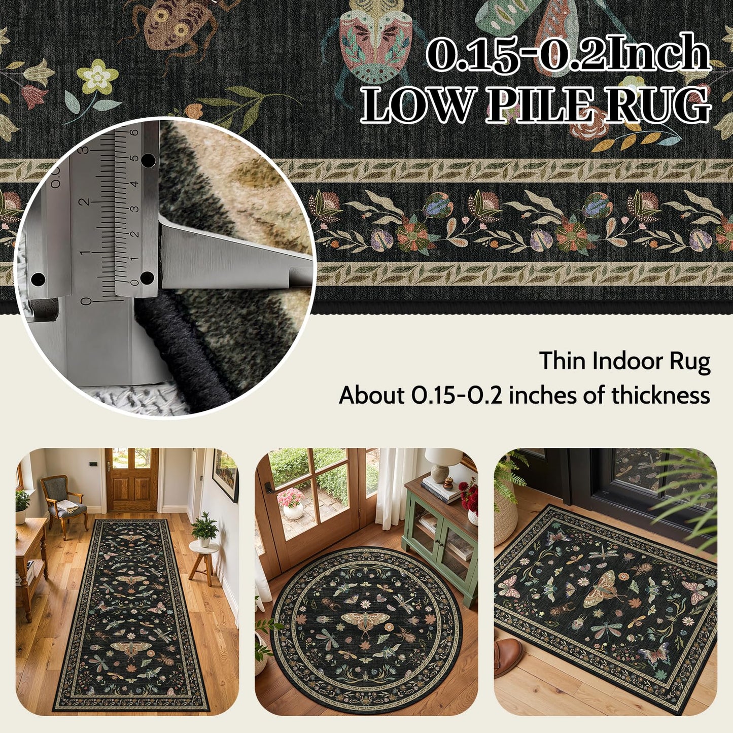 Dadasgk Black Boho Washable 2x6 Runner Rugs for Hallway Kitchen Bedroom Beside Laundry Room Bathroom Rug, Non Slip Low Pile Stain Resistant Soft Floral Nature Insect Fantasy Whimsical Indoor Decor