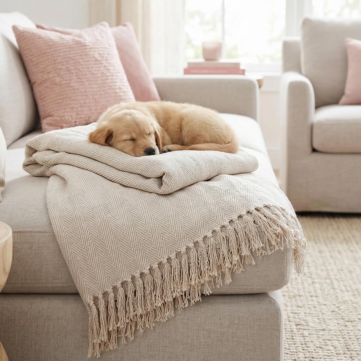 Americanflat Zaina Cream Herringbone Cotton Blanket Throw with Fringe - 50x60 Inches