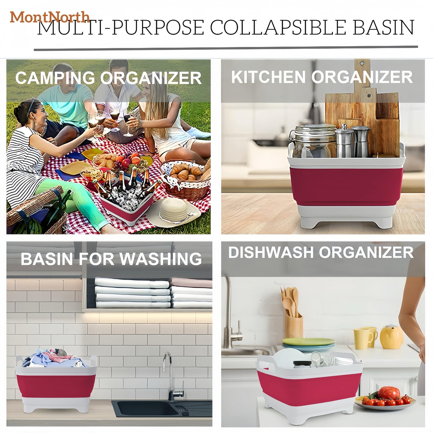 Collapsible Wash Basin 9L, Foldable Dish Tub with Drain Plug, Portable Collapsible Dish Basin, Camping Sink for Washing Dishes, Laundry & Kitchen Use (Viva Magenta)
