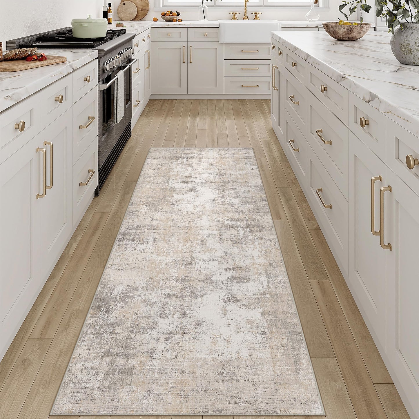 WondRg 2x6 Washable Runner Rug for Kitchen Hallway Non-Slip Beige Grey Neutral Carpet Low Pile Soft Thin Area Rug Abstract Modern Vacuumable Lightweight Runner for Entryway Bedroom Bedside Indoor