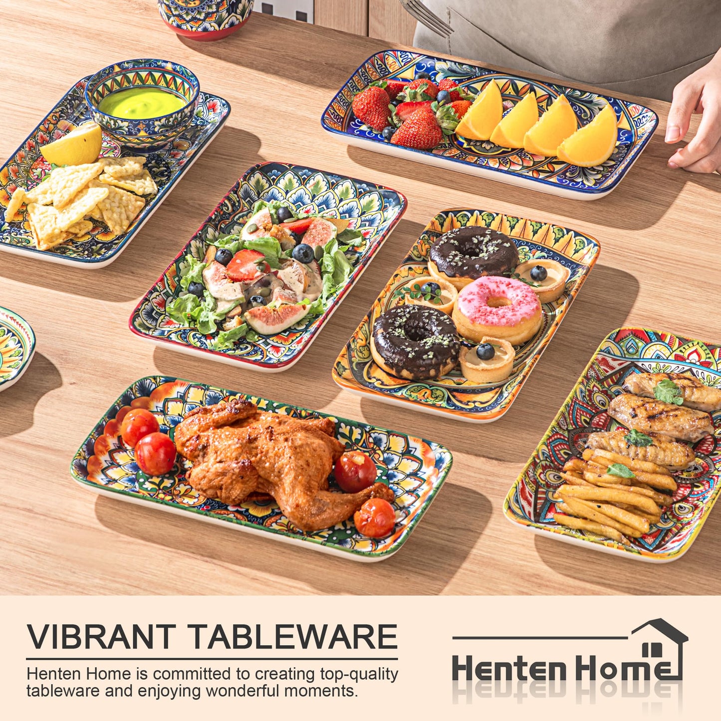 Henten Home Ceramic 10 Inch Salad Plates, Porcelain Rectangular Dessert Plate Set of 6, Bohemian Serving Dishes for Sushi, Pasta, Appetizer, Microwave & Dishwasher Safe