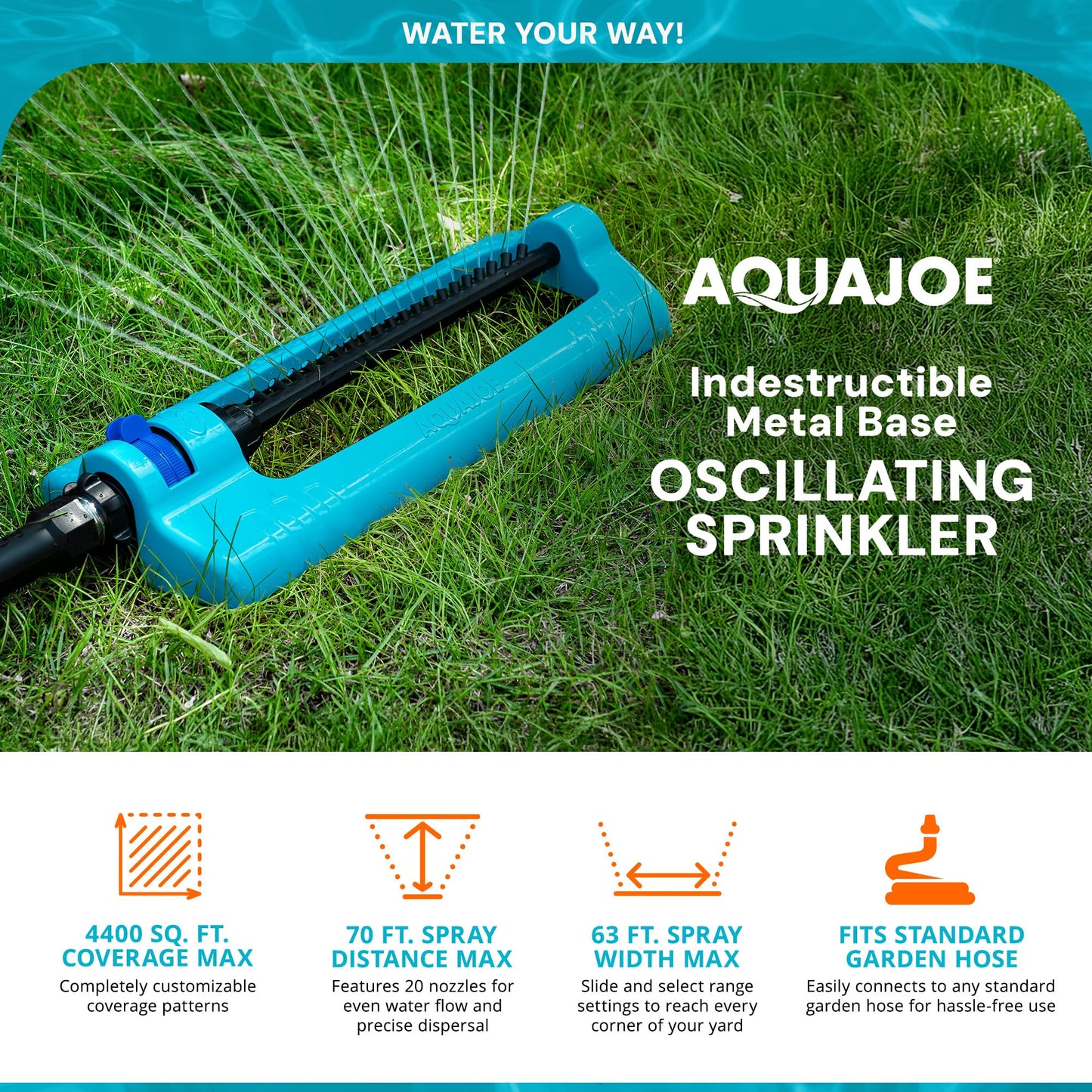 Aqua Joe SJI-OMS20 Jumbo Oscillating Sprinkler with Adjustable Spray and Metal Base, Up to 4,400-Square-Foot Coverage, 70-Foot Spray Distance, 63-Foot Width