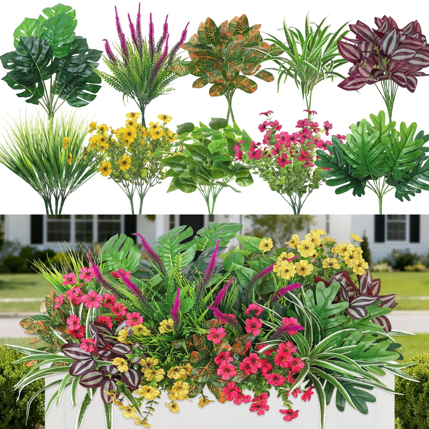 Dremisland 20 Bundles Artificial Plants Outdoor UV Resistant Artificial Fake Flowers Greenery Stems Faux Shrubs Plastic Boxwood Plants for Porch Planter Window Box Home Spring Summer Decor