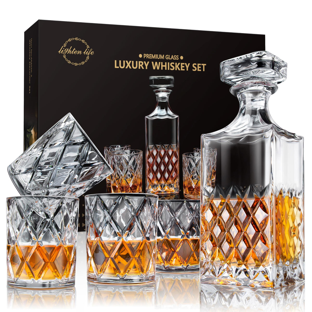 Lighten Life Whiskey Decanter Set for Men, Italian Crystal Glass Decanter with 4 Whisky Glasses in Gift Box, Unique Gifts for Him Dad Husband Brother, Mens Birthday Gift, Cool Bourbon Scotch Liquor