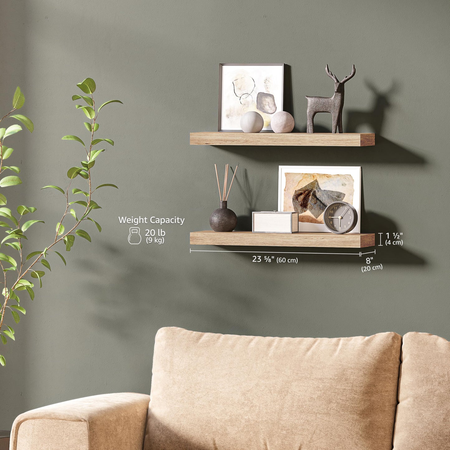 Ballucci Floating Shelves Extra Wide, 2-Pack 24" Wood Wall Mount Shelf Set with Invisible Brackets for Living Room, Bathroom, Kitchen, Nursery, 8" Deep, Oak Finish