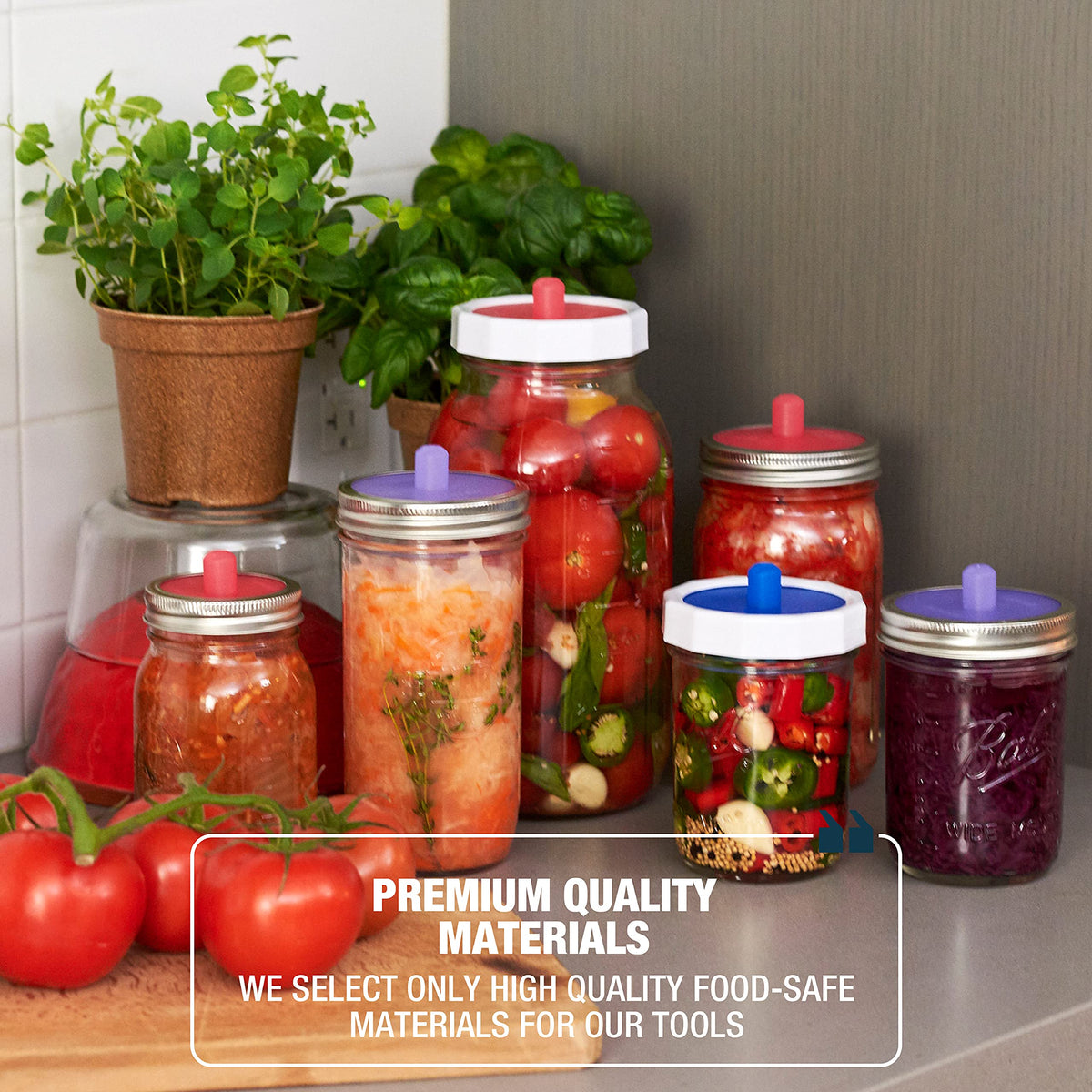 Masontops Complete Mason Jar Fermentation Kit - Pickle Kit, Sauerkraut Making Kit Kimchi Container - Fermenting Kit Fermentation Airlock Lids for Small Mouth Mason Jars, Fermentation Weights & Tamper