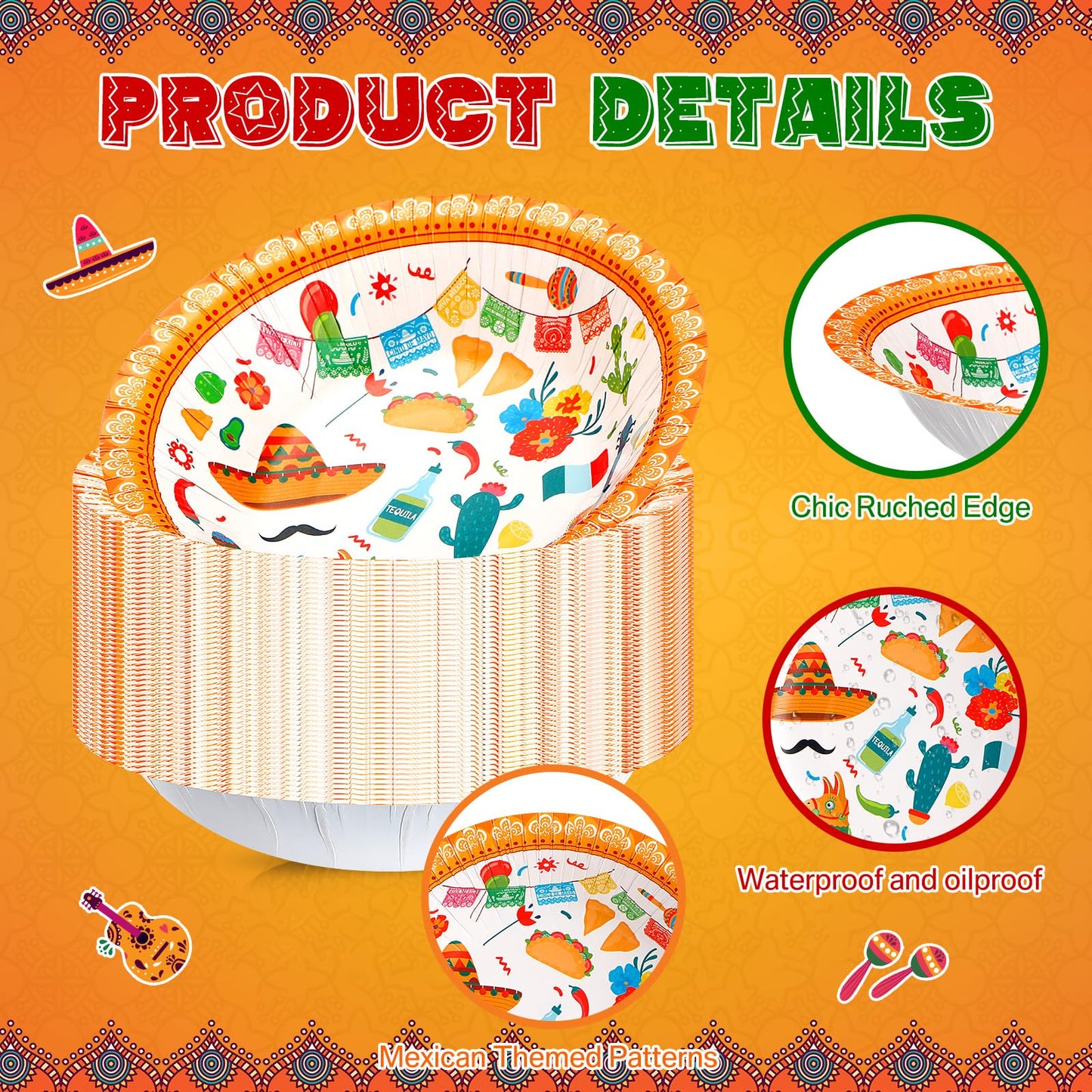 Skybooly 50 Pcs 16 oz Fiesta Bowls Disposable Mexican Party Serving Paper Bowls 7 Inch Cinco De Mayo Heavy Duty Paper Plates for Soup Salad Ramen Birthday Party Decorations