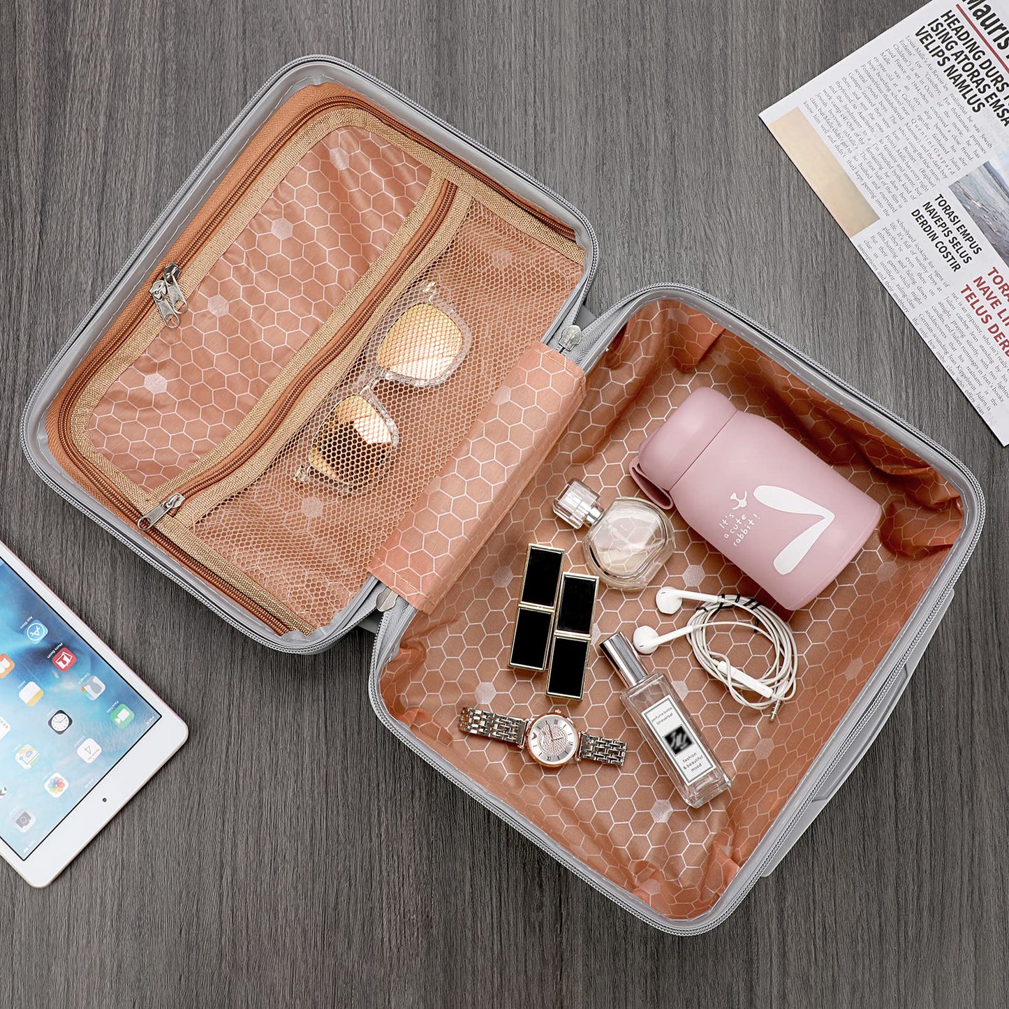 BSTKEY Portable Hard Shell Cosmetic Travel Case, Small Travel Hand Luggage with Elastic Band, Mini ABS Carrying Makeup Case Suitcase, Silver, Fashion