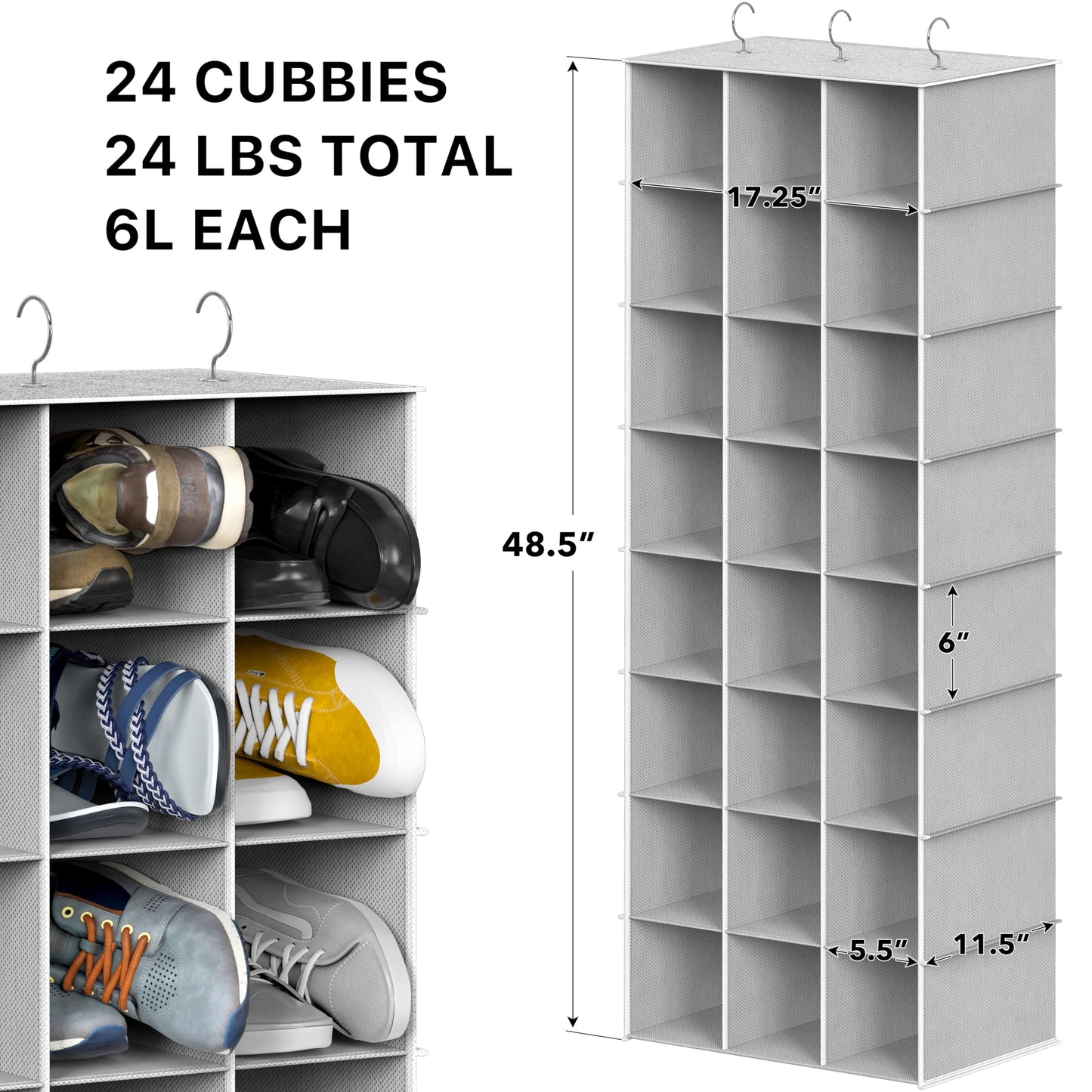 Simple Houseware Hanging Shoe Shelves Closet Organizer Storage, 24 Sections, Grey