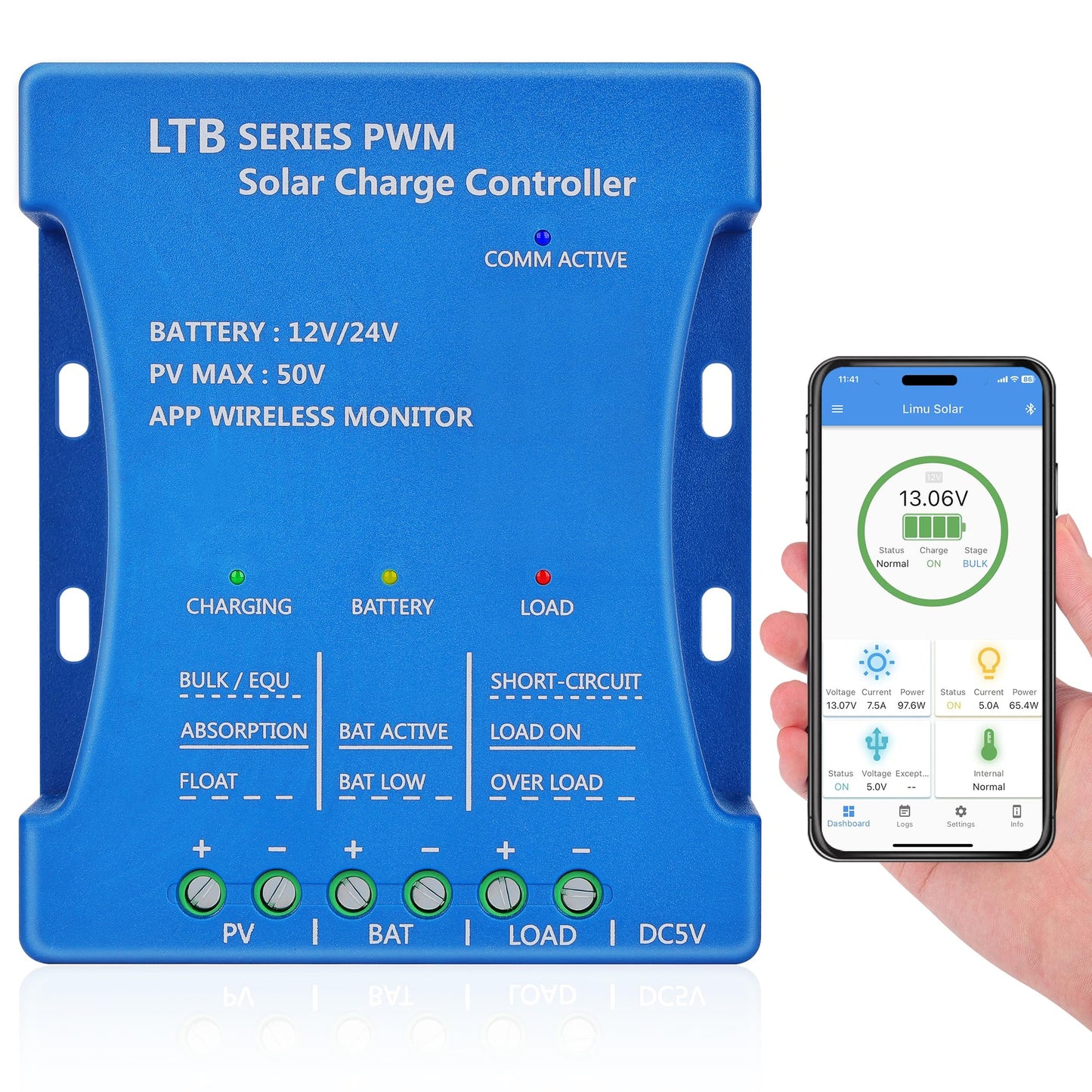 20A Bluetooth Solar Charge Controller 12V/24V Auto Matching Controller with APP Remote Monitor Intelligent PWM Solar Panel Regulator for Sealed, Gel, Flooded, LiFePO4, Lithium Batteries 7 Load Modes