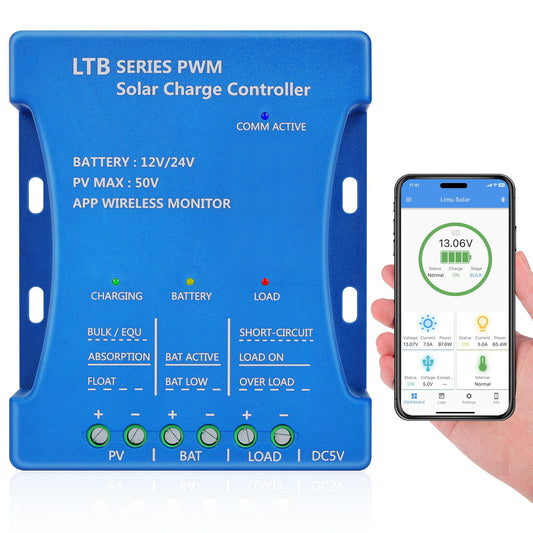20A Bluetooth Solar Charge Controller 12V/24V Auto Matching Controller with APP Remote Monitor Intelligent PWM Solar Panel Regulator for Sealed, Gel, Flooded, LiFePO4, Lithium Batteries 7 Load Modes