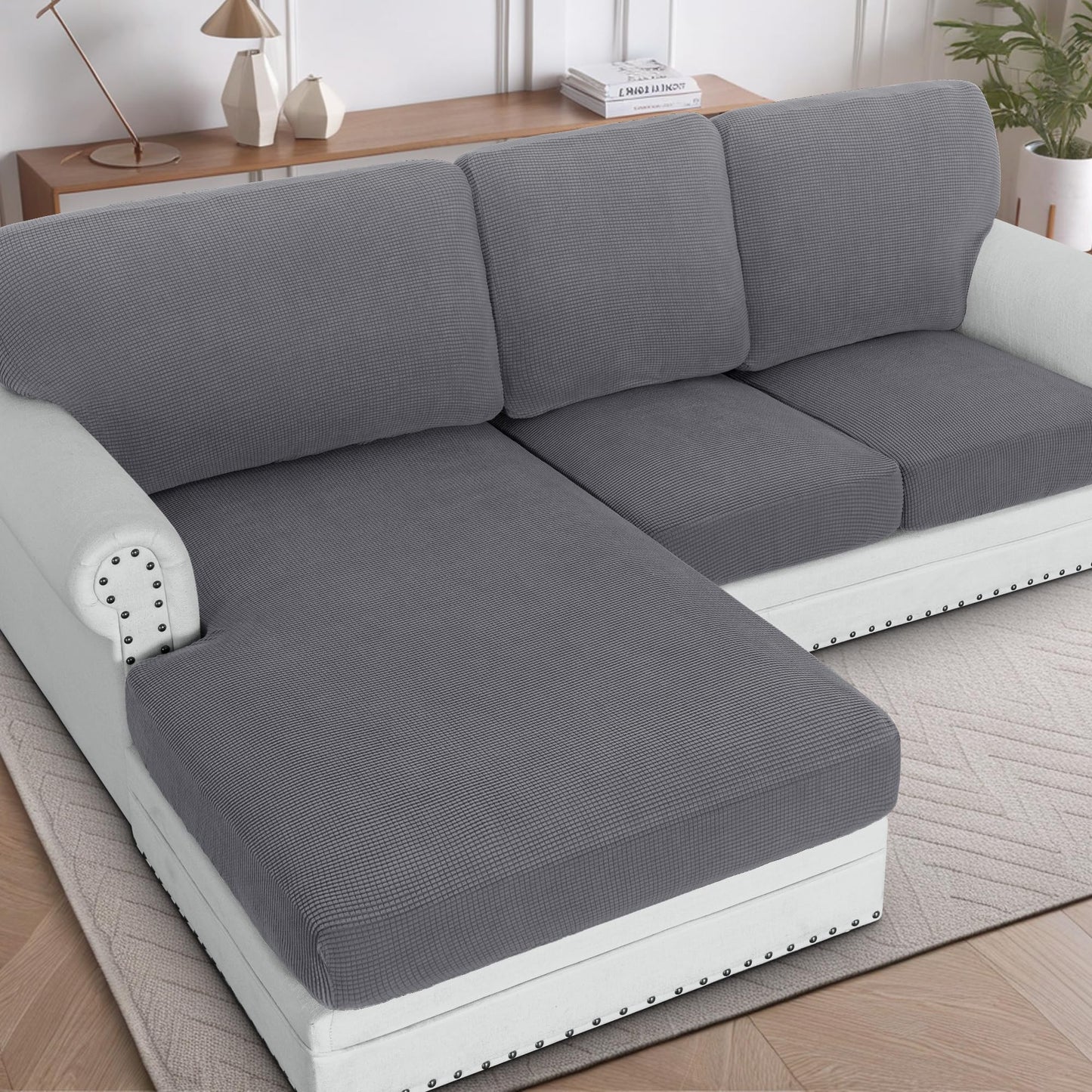 H.VERSAILTEX 2024 New Sectional Couch Covers 6 Pieces Stretch Sofa Covers for Sectional Sofa Set Separate L Shaped Couch Cover for Both Left/Right Couch (Large Sofa 2 Seater + 1 Chaise, Grey)