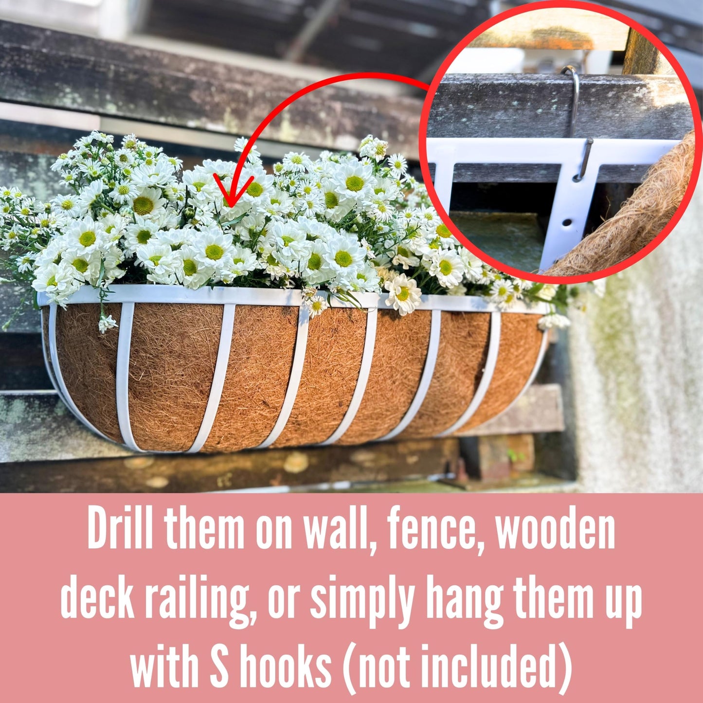 LaLaGreen Window Planter Box (24 Inch, 2 Pack) White Metal Deck Railing Flower Boxes with Coco Liners, Rectangular Wall Planters for Outdoor Plants Horse Troughs Fence Balcony Garden Herb Patio Porch