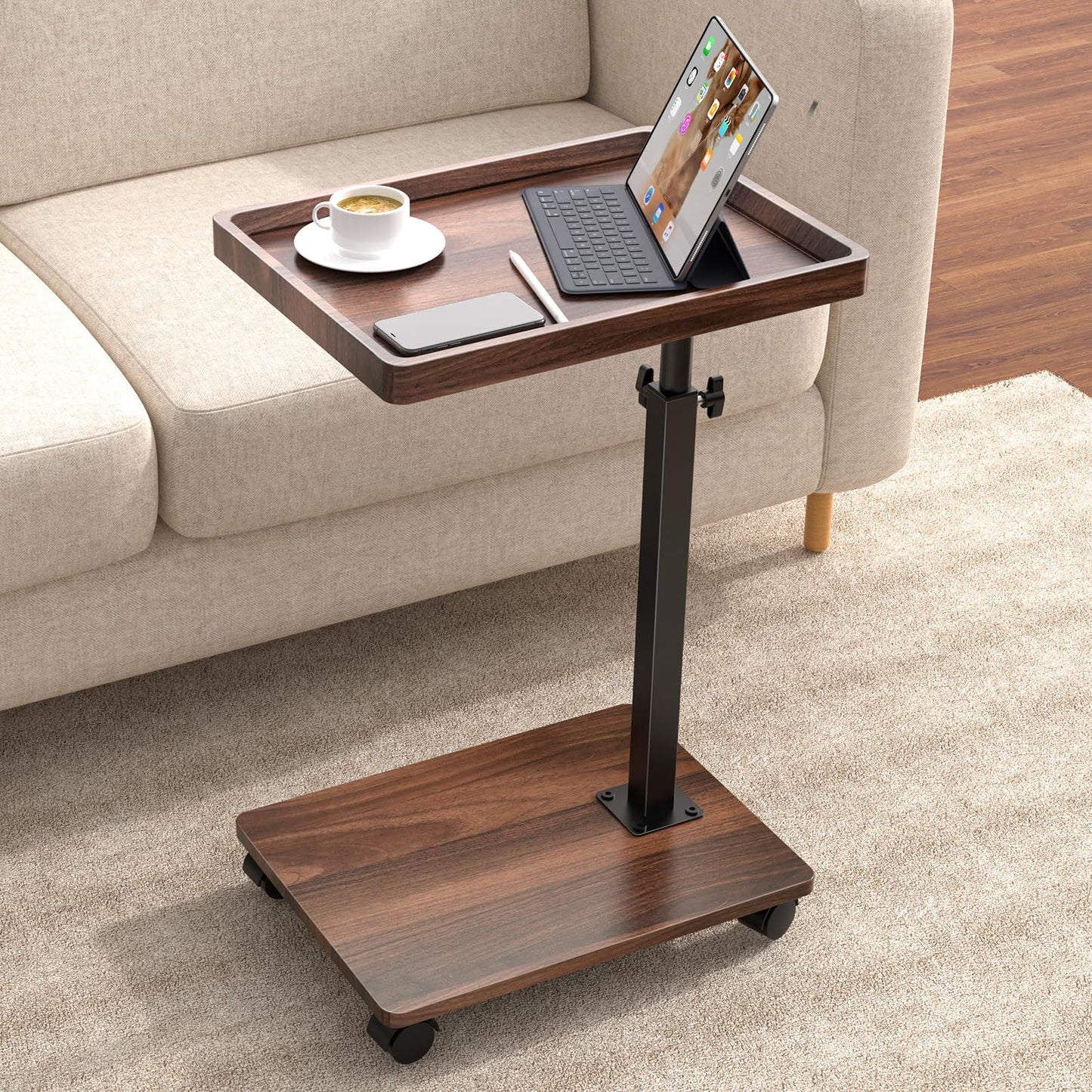 C Shaped End Table Adjustable Height, 360°Swivel TV Tray Table for Small Spaces, Rolling Couch Side Tables for Living Room, Bedroom, Bedside, Chair, Sofa, Snack (Walnut Brown)