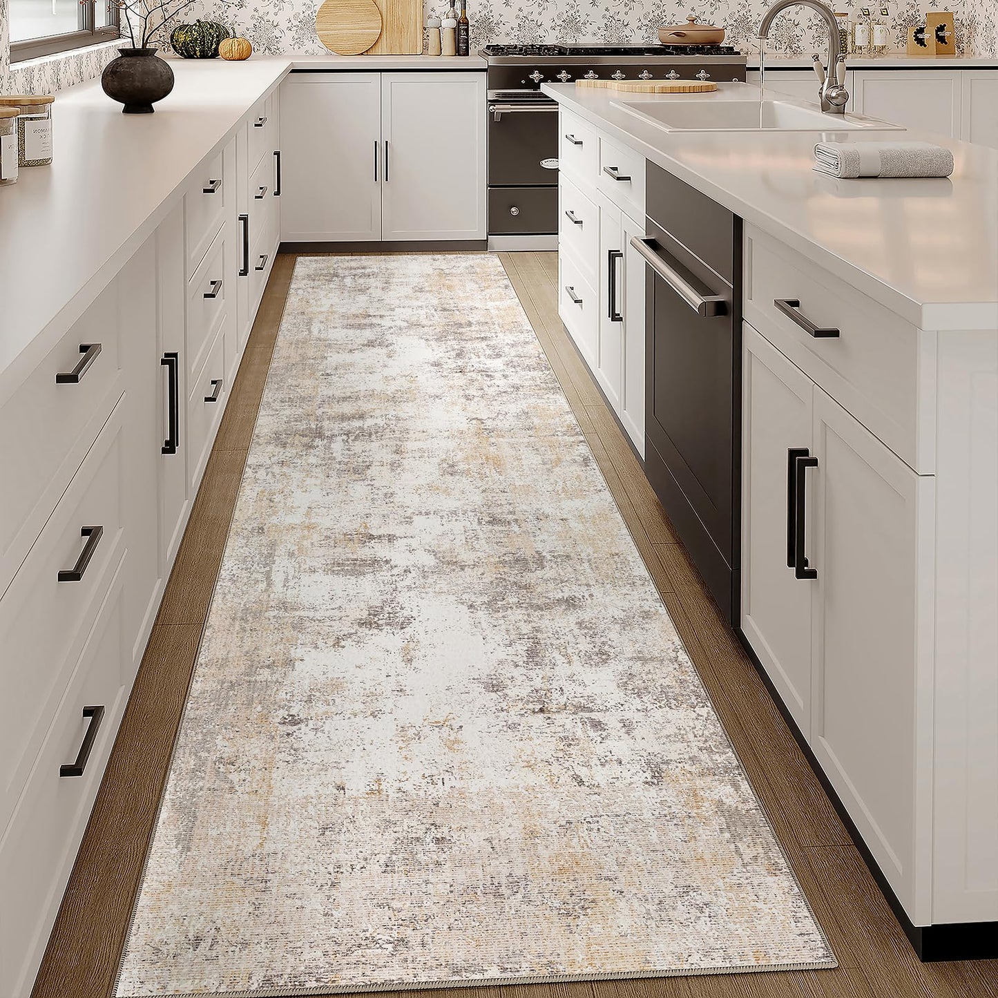 WondRg 3x8 Washable Runner Rug for Kitchen Hallway Non-Slip Beige Grey Neutral Carpet Low Pile Soft Thin Area Rug Abstract Modern Vacuumable Lightweight Long Runner for Bathroom Bedroom Indoor