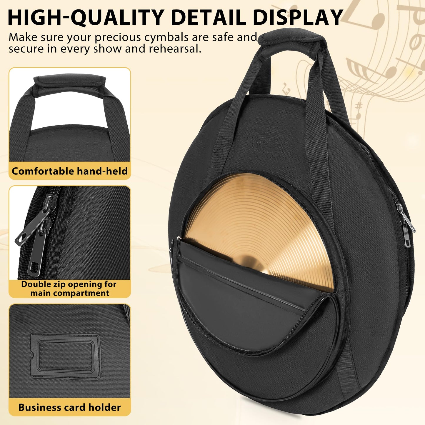 MAYQMAY Professional 22Inch Padded Cymbal Bag/Cases 600D Waterproof Oxford Cloth with 17in Pocket, Black