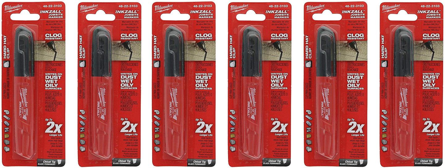 Milwaukee 48-22-3103 Inkzall Chisel Tip Multi Surface Jobsite Marker w/Water, Oil, and Dust Resistance, 6 Pack