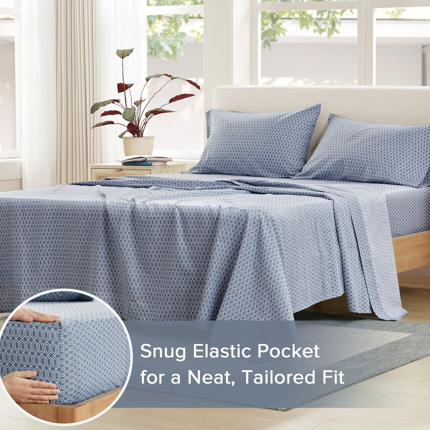 Comfort Spaces 100% Cotton Sheets Full, Breathable, Naturally Cool Cotton Sheets, Soft Cotton Bed Sheets with 14" Elastic Pocket Fits up to 16" Mattress, All Seasons Sheet Set, Diamond Blue 4 Piece