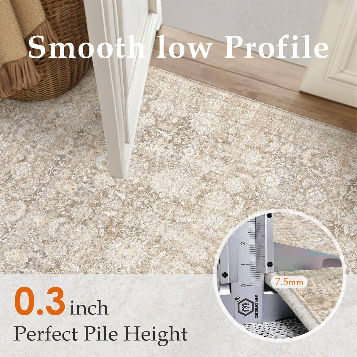 PureCozy 5x7 Beige Washable Area Rugs Living Room Floral Accent Distressed Carpet Non Slip Soft Tapis Salon Low Pile Throw Rug Stain Resistant for Bedroom Dinning Room Office Farmhouse Nursery