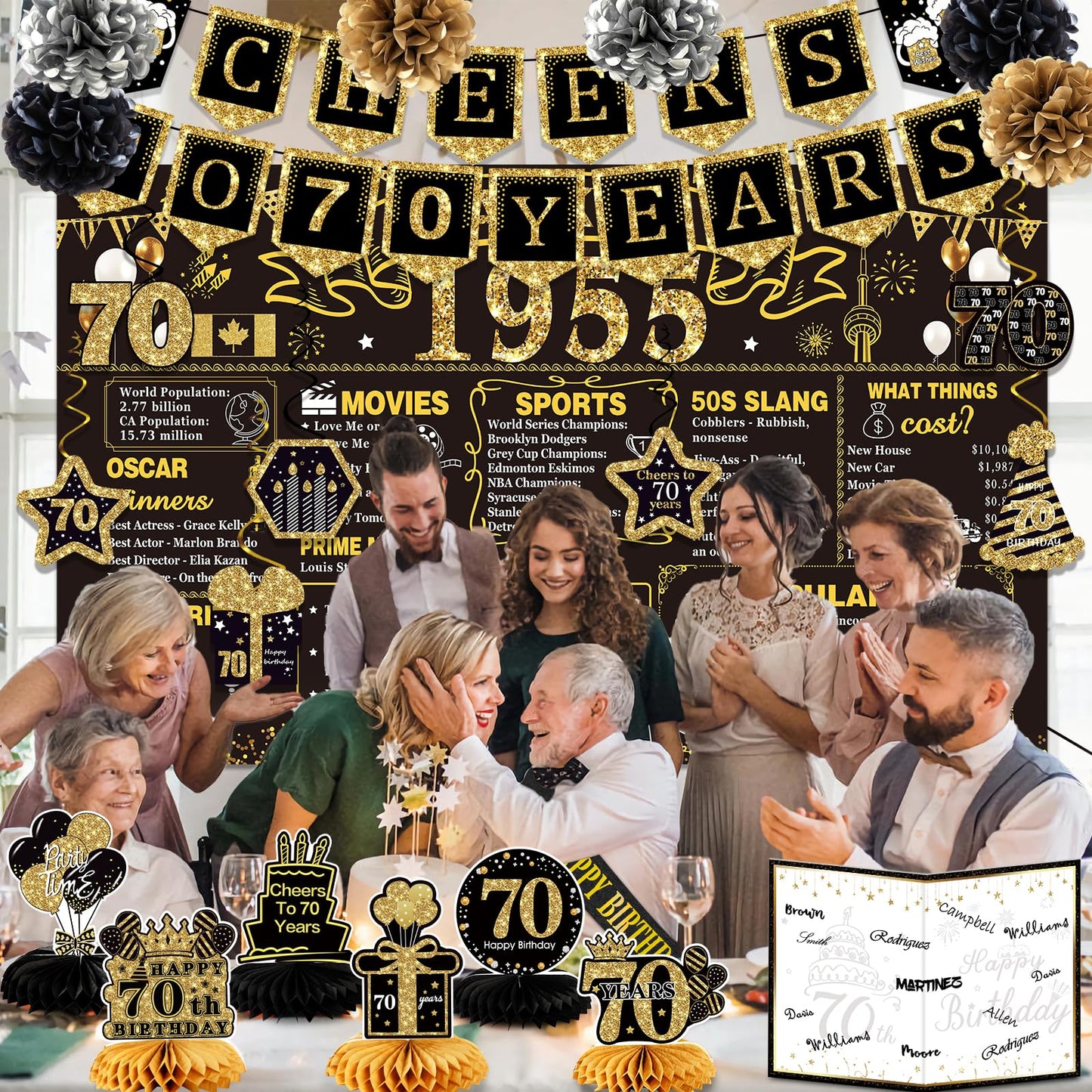 70th Birthday Decorations for Men Women,24PCS 1955 Birthday Decorations,Including 1955 Banner,6 Honeycomb Topper,Balloons,Anniversary Card,Cheers to 70 Years Banner,7 Hanging Swirl,6 Paper Poms,Sash