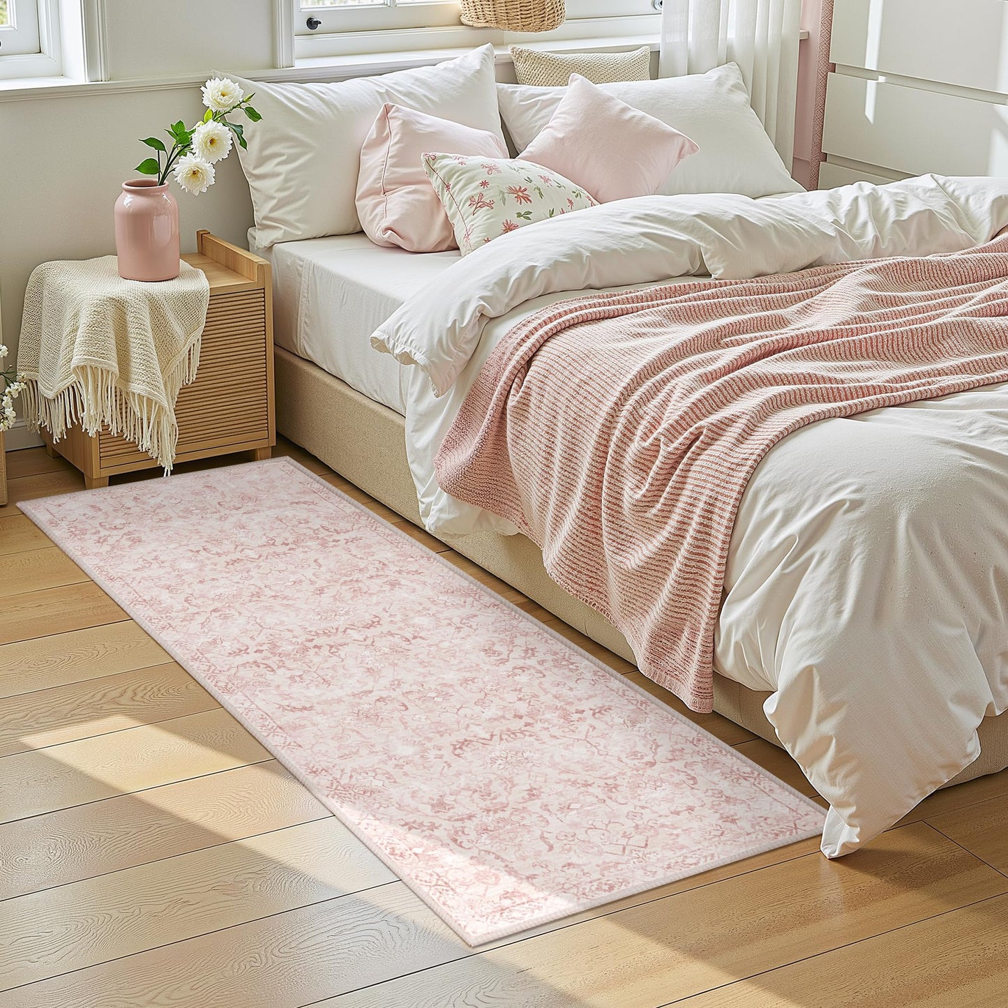 Pink 2x6 Runner Rug for Hallways Bed Side Kitchen, Boho Washable Distressed Low-Pile Floor Entryway Long Bathroom Mat, Non-Slip Laundry Room Washstand Front Carpet 24x72 Inch